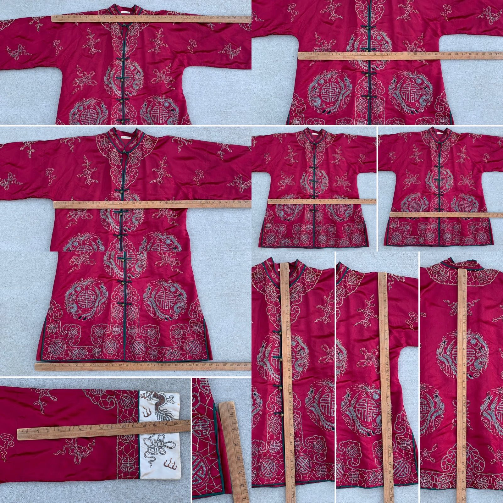 Vintage Vtg Chinese Silk Embroidered Dragon Longevity Shou Jacket Robe Mandarin Collar Jacket/string? Size ONE SIZE - 11 Thumbnail