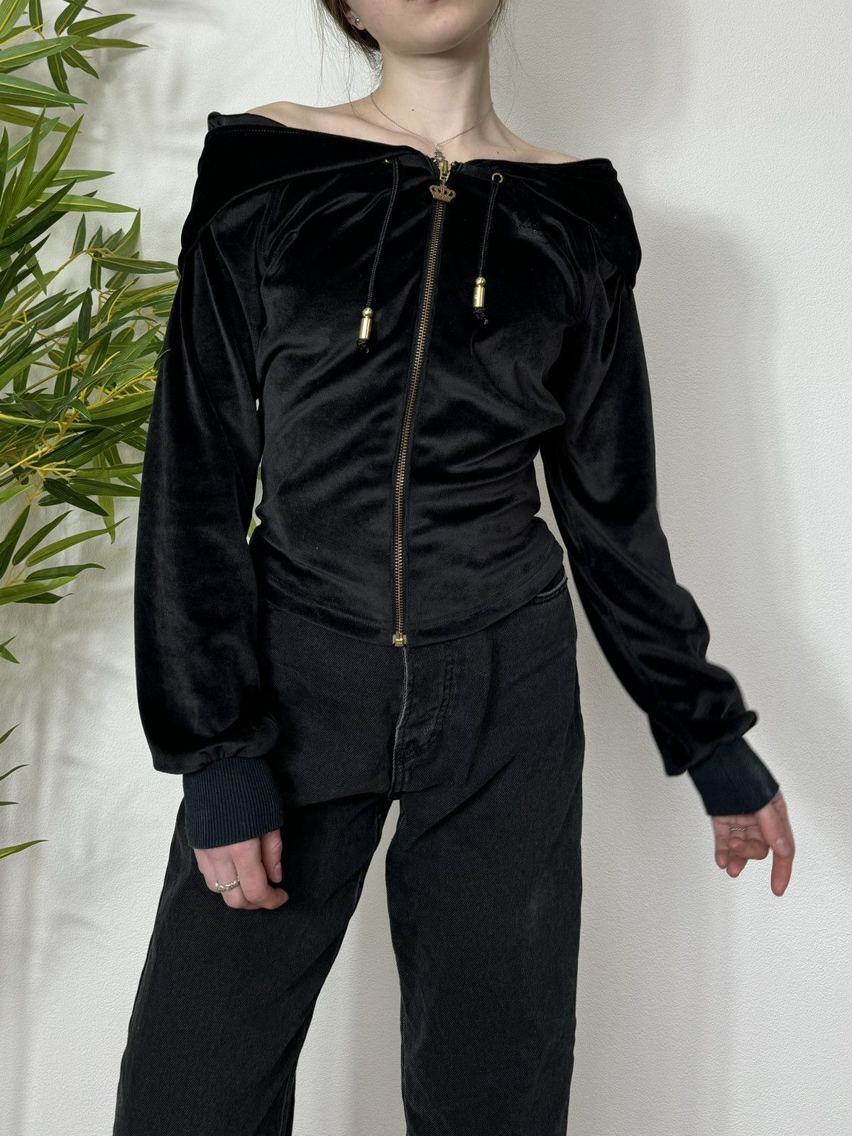 image of Adidas Respect Me Velour Off Shoulders Zip Hoodie in Black, Women's (Size XS)