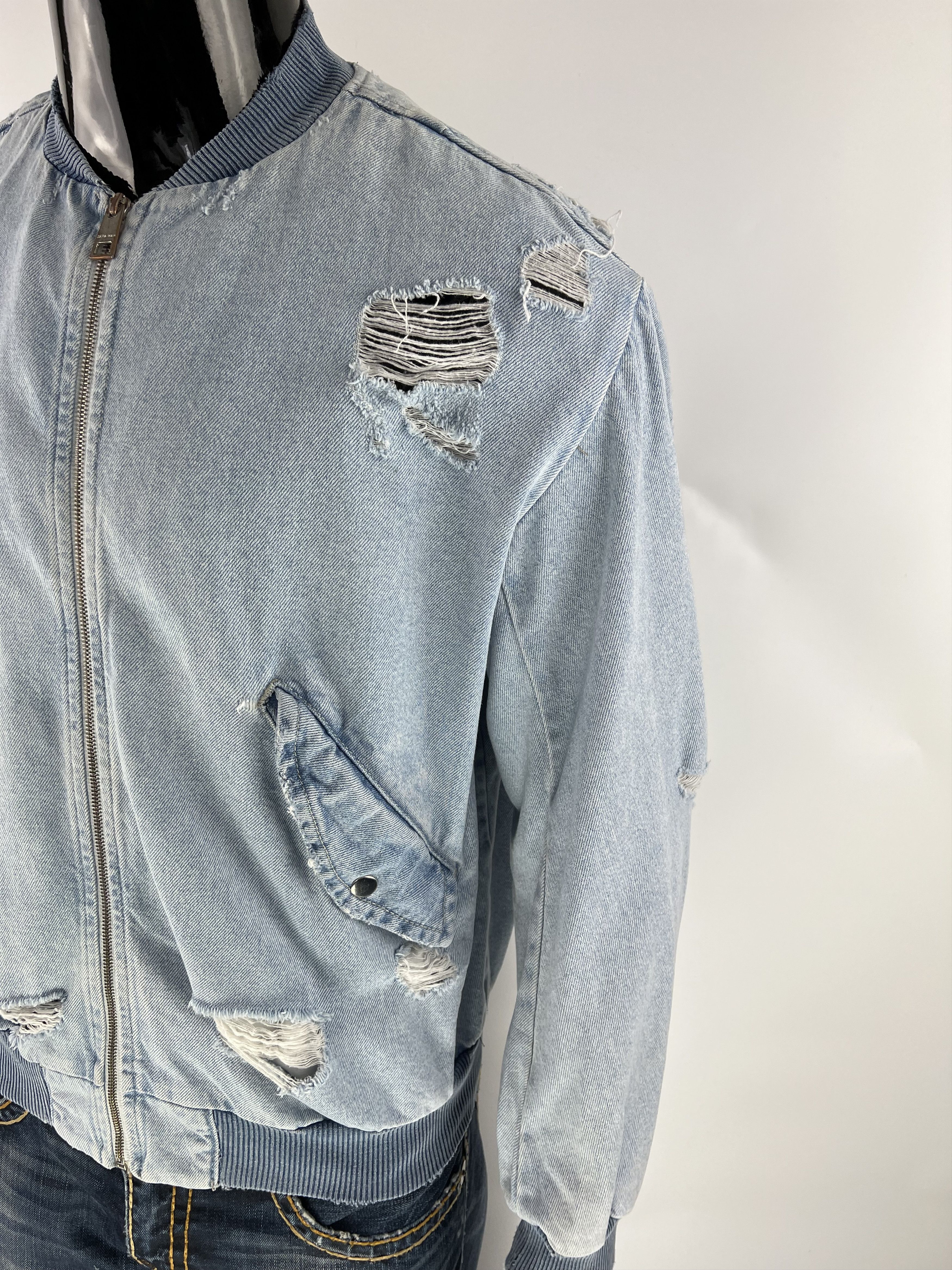 Zara Zara Man Denim Bomber Jacket Distressed Light Blue Size S Size US S / EU 44-46 / 1 - 4 Thumbnail