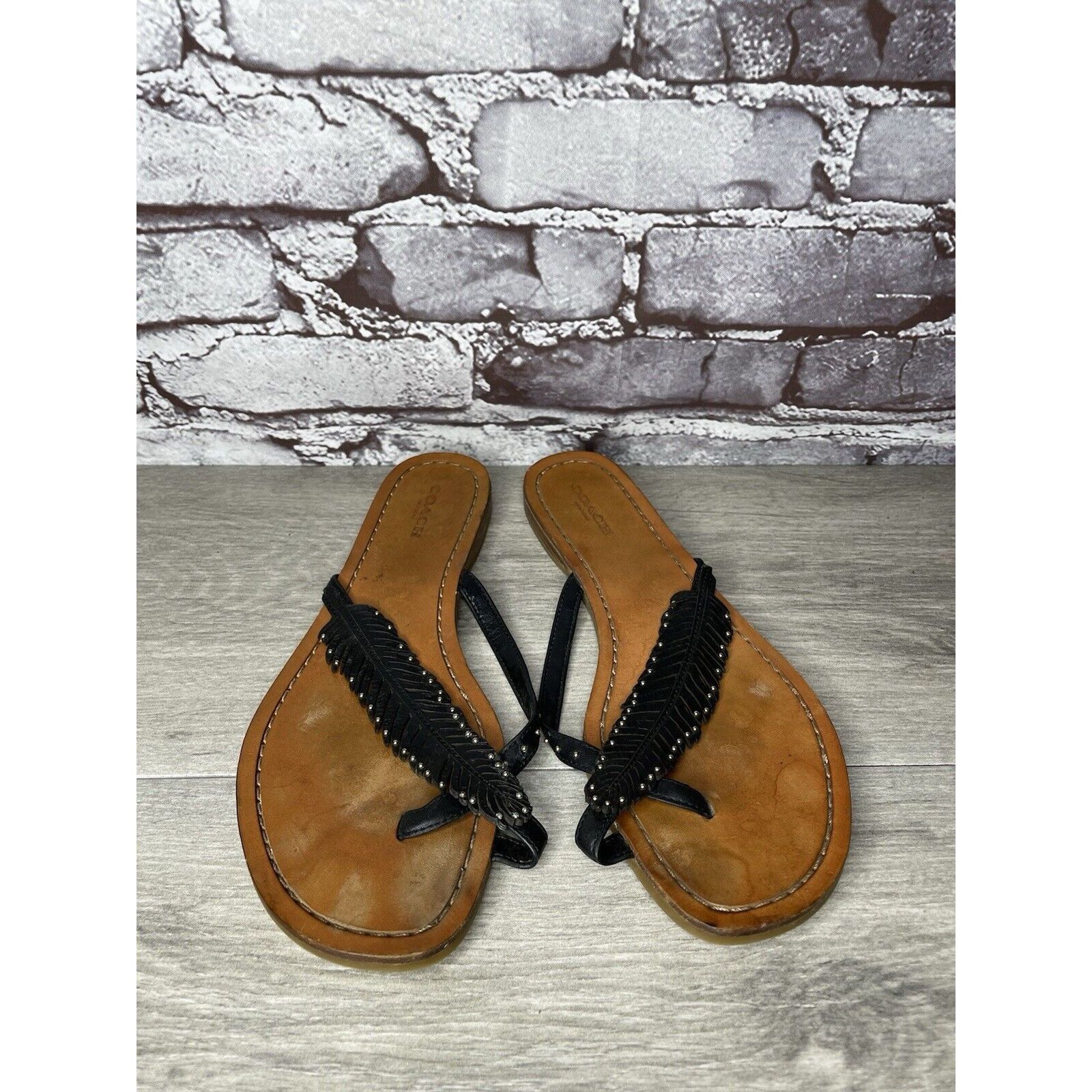 Coach Coach New York DENI Black Leather Feather Thong Flat Sandals Size US 8 / IT 38 - 20 Thumbnail