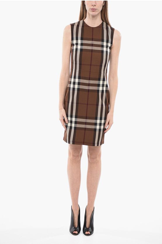 image of Burberry Sleeveless Midi Sheath Dress With Tartan Motif in Brown, Women's (Size Small)