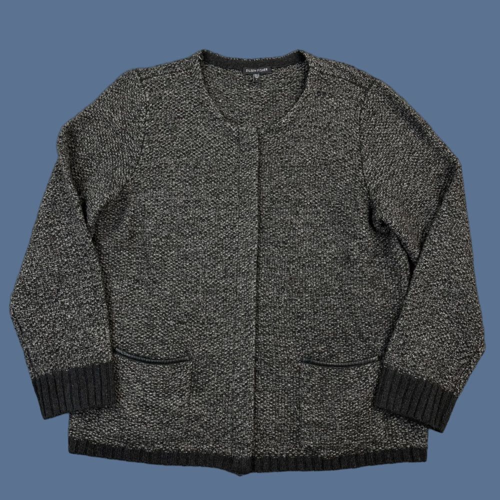 Eileen Fisher Eileen Fisher Sweater Womens Large Wool Yak Leather Trim Textured Knit Cardigan Size L / US 10 / IT 46 - 1 Thumbnail