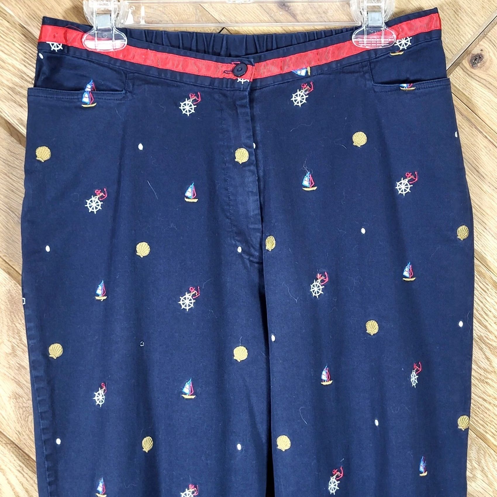 Nautica Erin London Pants Womens L Nautical Embroidered Size Navy Sailboat Shells Size 36" / US 14 / IT 50 - 2 Thumbnail