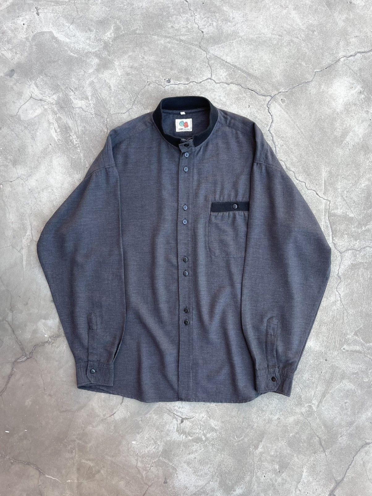 Vintage Mandarin Collar Shirt: Dark Gray Viscose, Italy Size US L / EU 52-54 / 3 - 1 Thumbnail