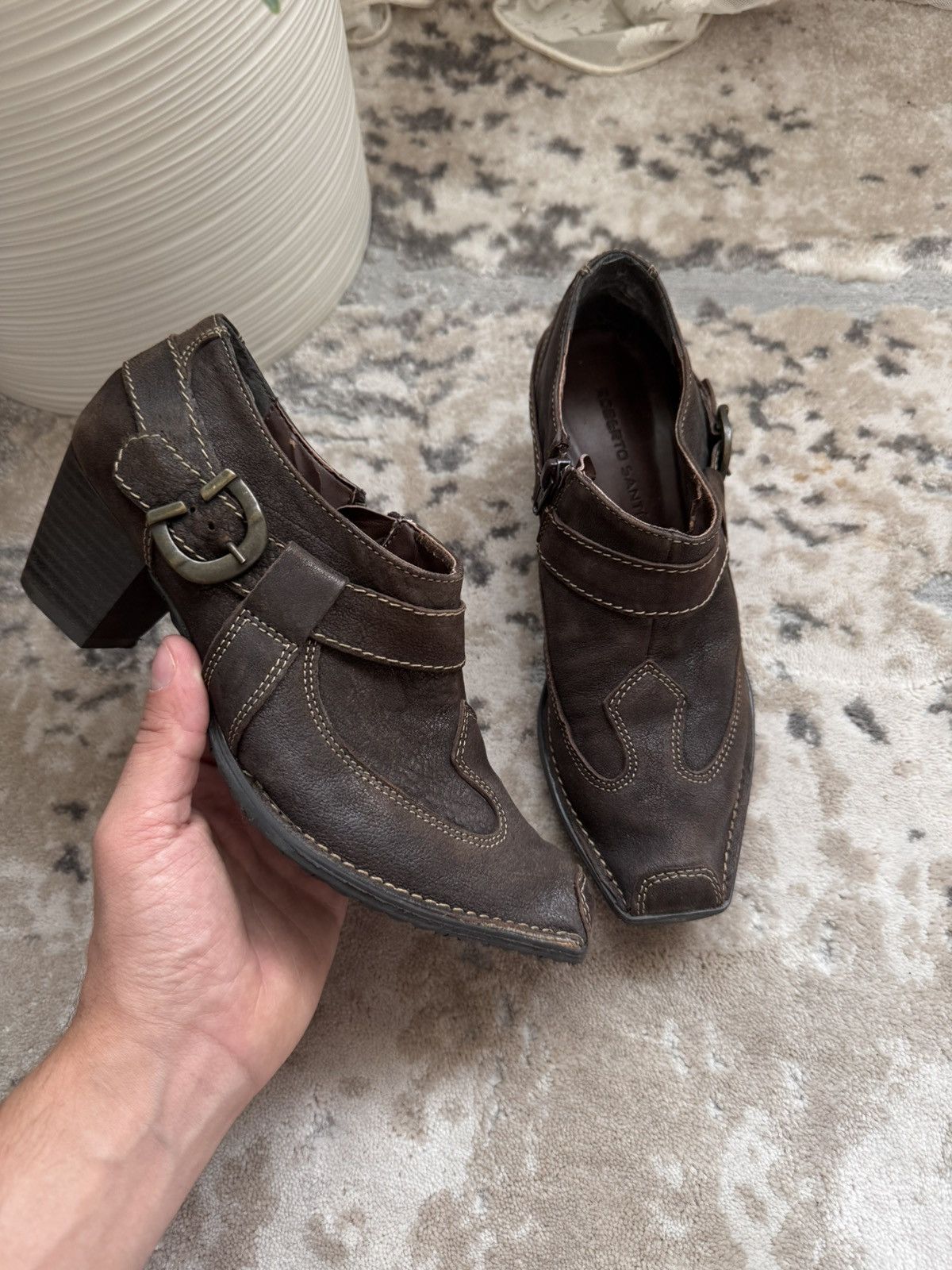 Roberto Cavalli Vintage Roberto Santi Western Leather Buckle Ankle Boots Size US 6.5 / IT 36.5 - 3 Thumbnail