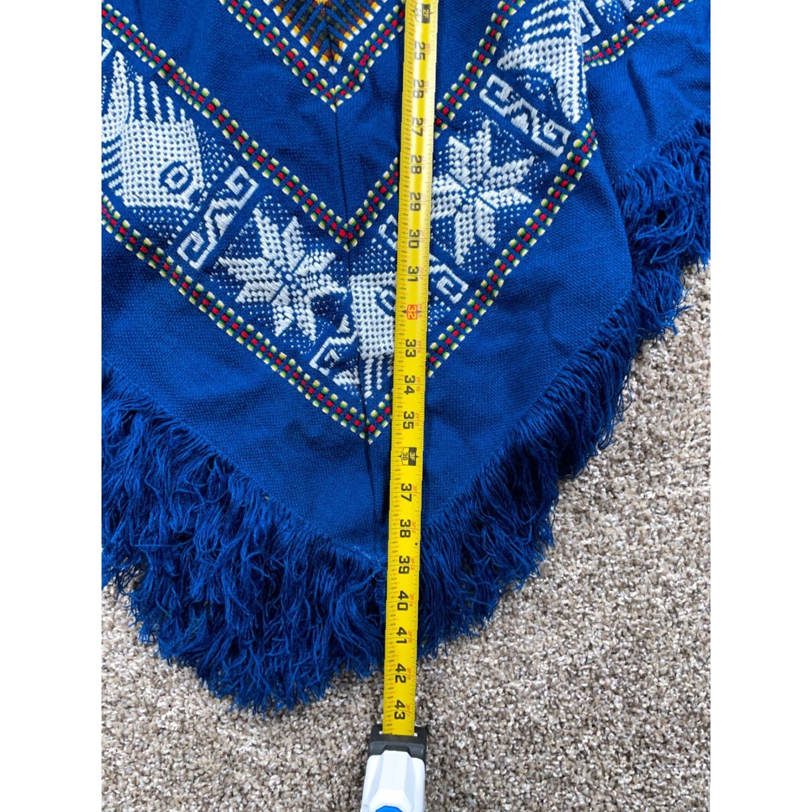 Vintage VINTAGE Handmade Poncho Women's One Size Blue Fringe Southwestern Cotton Ecuador Framework Size ONE SIZE - 6 Thumbnail