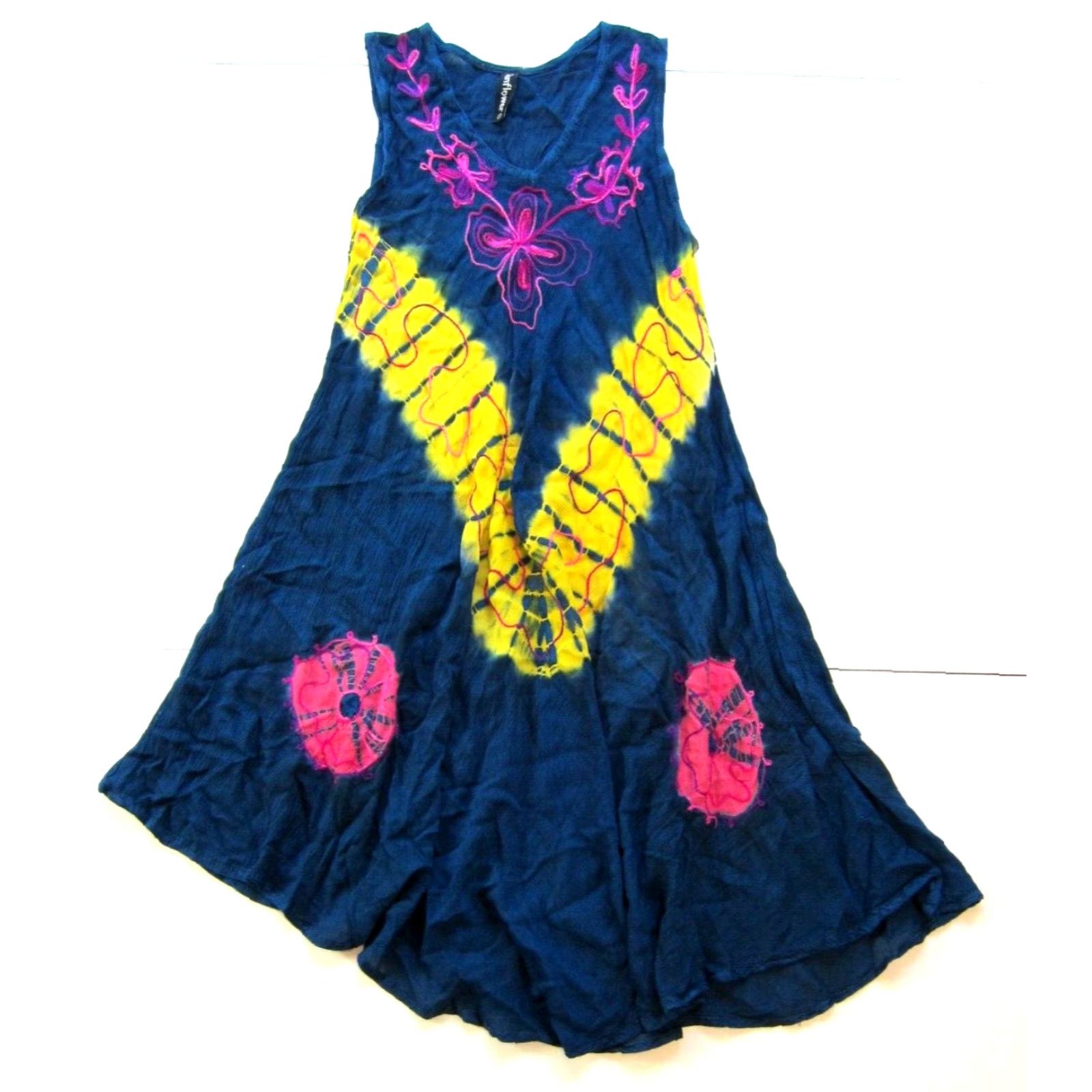 Sunflower VINTAGE Sunflower Rayon Blue Yellow Pink Tie Dye Tunic Tank Sun Dress Small Size S / US 4 / IT 40 - 2 Thumbnail