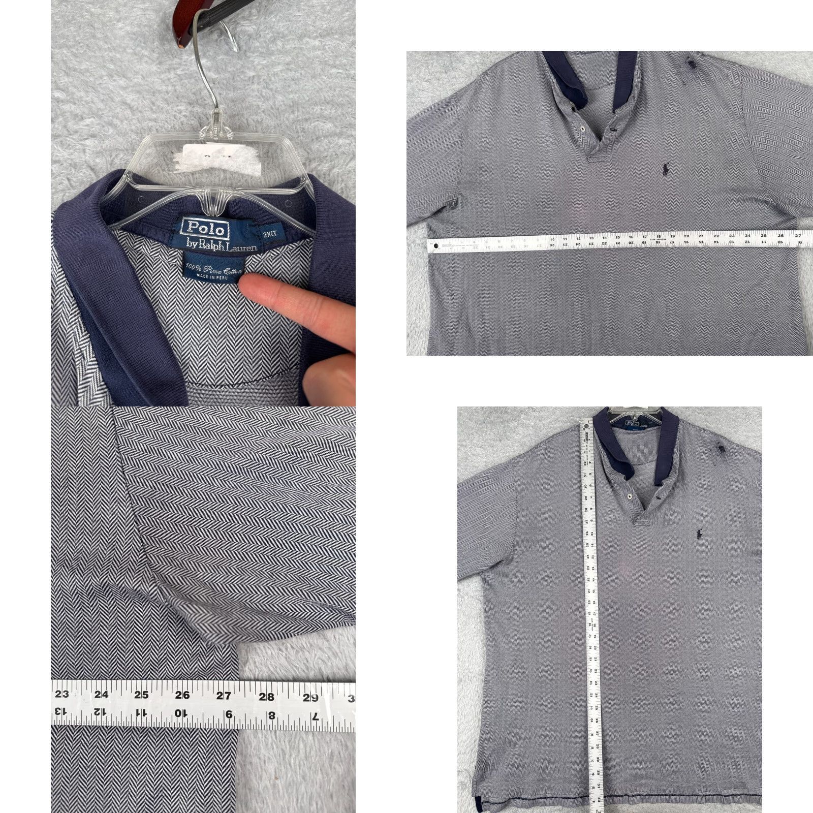 Ralph Lauren VINTAGE Ralph Lauren Polo Shirt Mens 2XL Gray Herringbone 100% Cotton Short Sleeve Polo Shirt Mens XXL Tall Blue/Gray 2XL Size US XXL / EU 58 / 5 - 8 Thumbnail
