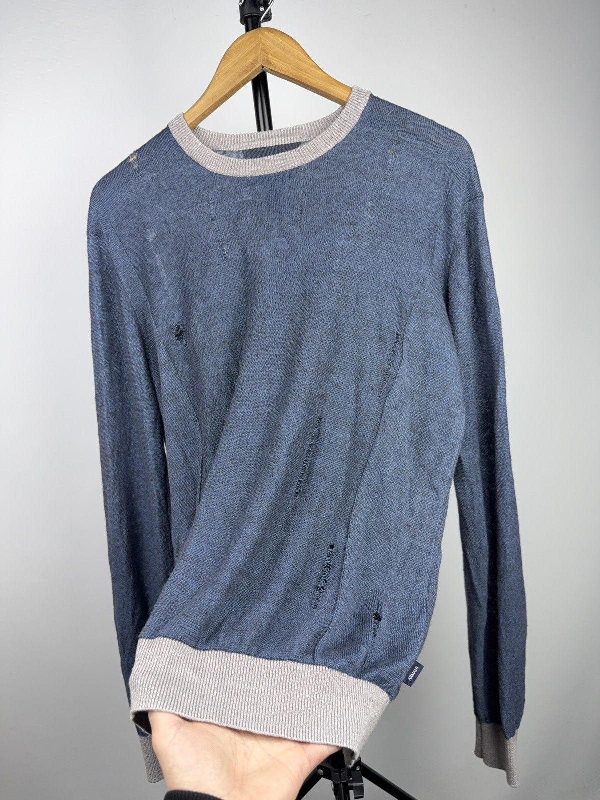 Armani Luxury 00s Armani Jeans Distressed Knit Sweater Faded Blue Size US M / EU 48-50 / 2 - 9 Thumbnail