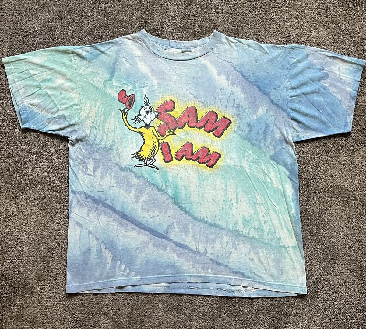 image of 1998 Sam I Am Green Eggs & Ham Blue Tye Dyed Vintage Tee, Men's (Size XL)