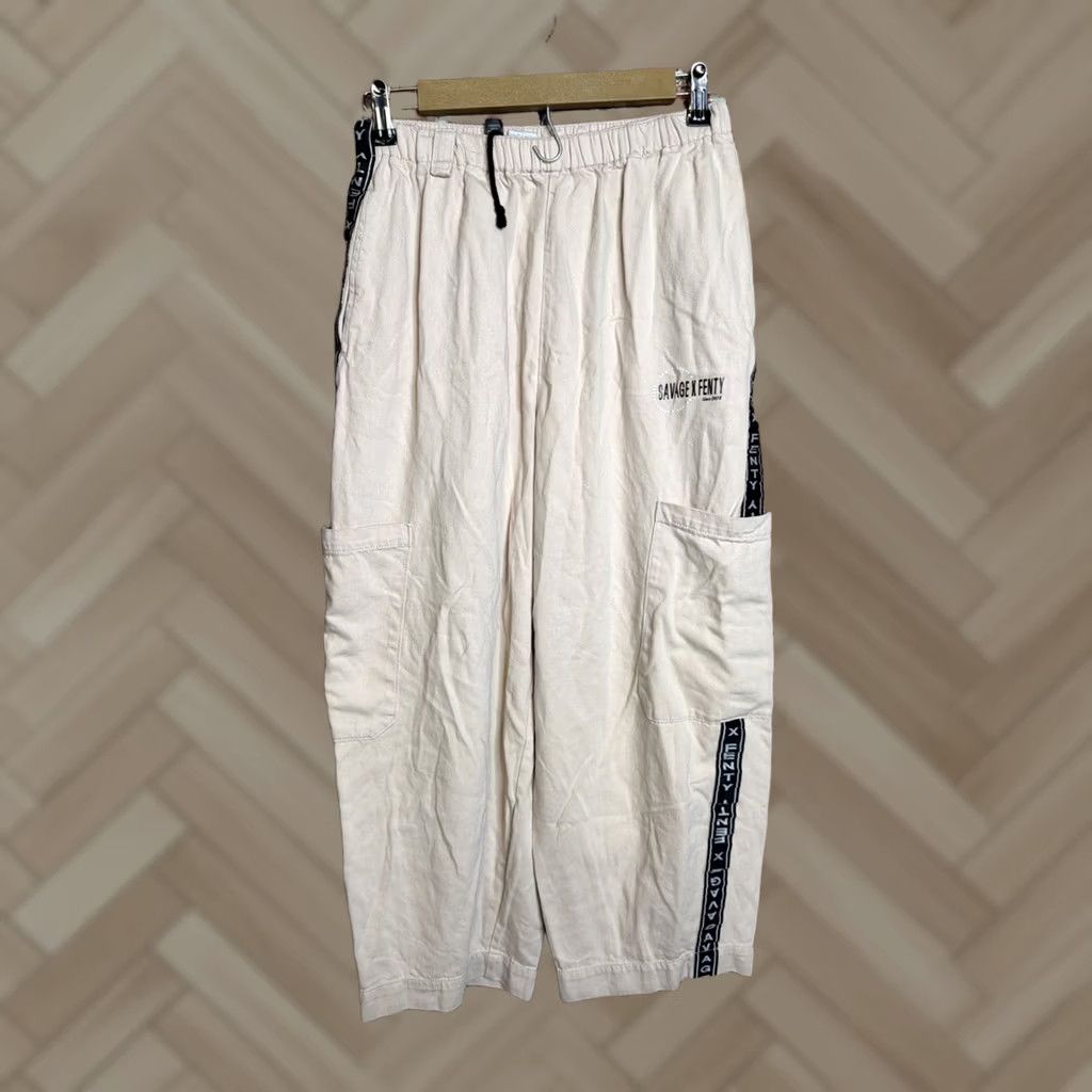 Vintage Savage X Fenty Cargo Pants Beige S Elastic Waist Logo Tape Twill Cotton Blend Women Size 28" / US 6 / IT 42 - 1 Thumbnail