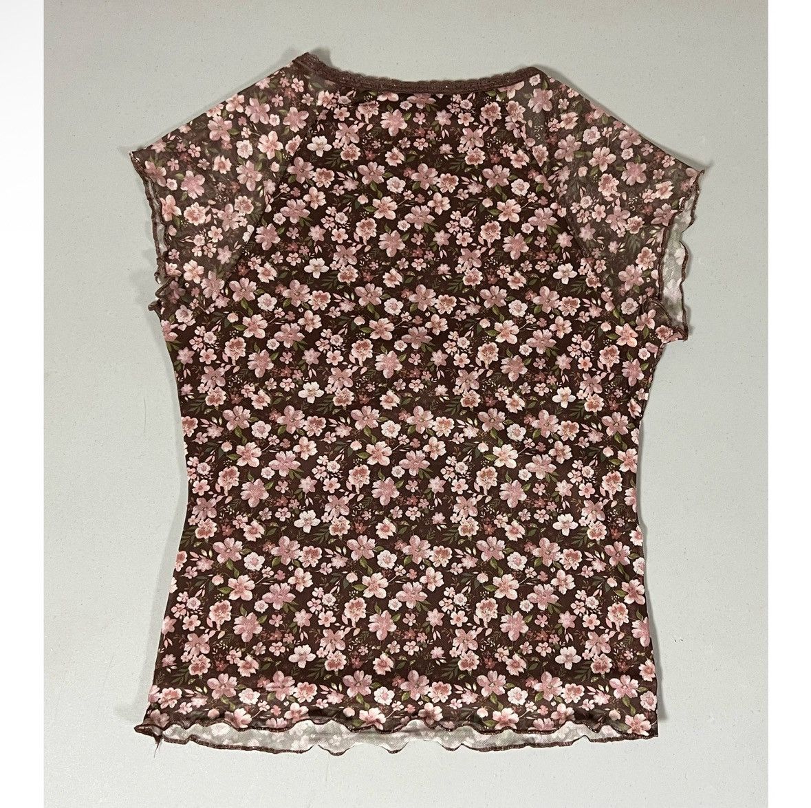 Vintage Brown Pink Floral Lace Bow Tee T-Shirt Top Blouse Size M 🌸✨ Size M / US 6-8 / IT 42-44 - 3 Thumbnail