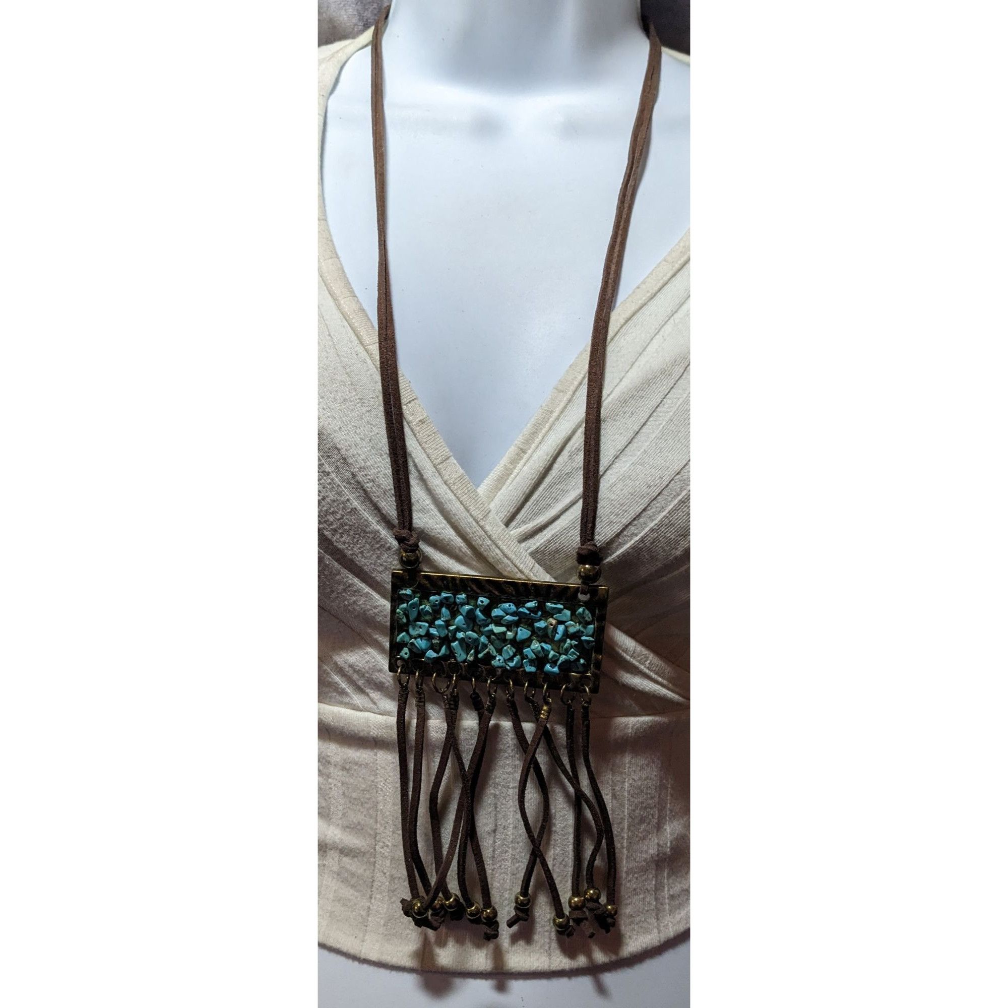 Other Southwestern Suede Turquoise Chip Fringe Pendant Necklace Size ONE SIZE - 3 Thumbnail