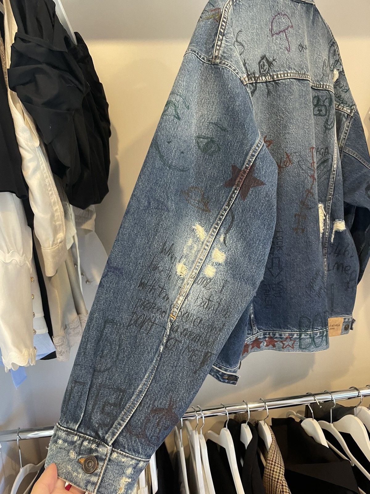 Balenciaga 🔥 SS22 Balenciaga Distressed Grafitti Denim Jacket Size US XL / EU 56 / 4 - 5 Thumbnail