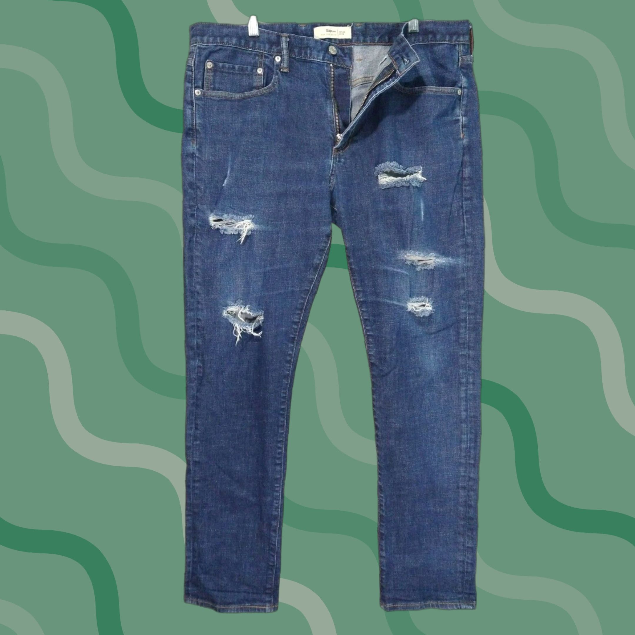 Gap Gap 1969 Jeans Mens Slim Fit 38x32 Denim Blue Distressed Stretch Regular Rise 5-Pocket Cotton Jeans Mens Size US 38 / EU 54 - 1 Thumbnail