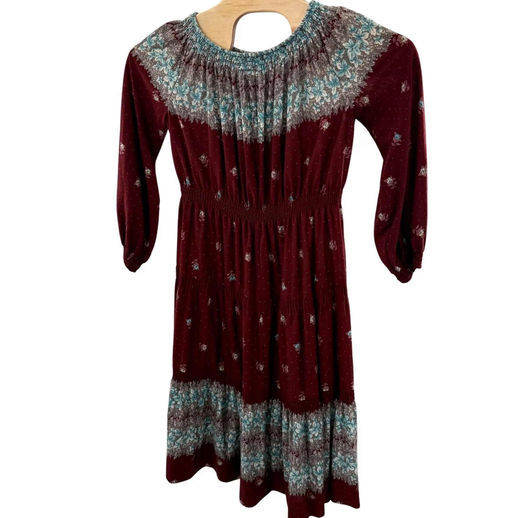 AYR VINTAGE Ayres Floral Peasant Dress Boho Chic Midi Dress Long Sleeve Red Off the Shoulder Smocked Neckline Womens M Size M / US 6-8 / IT 42-44 - 3 Thumbnail