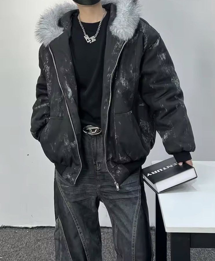 fur collar and tie-dye design outdoor style jacket
