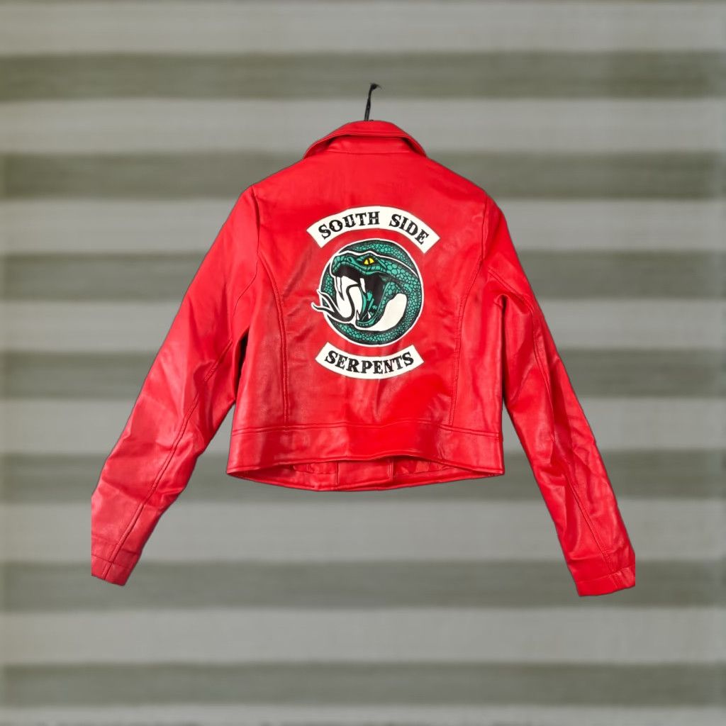 Vintage Riverdale Jacket Womens S Cheryl Blossom Faux Vegan Leather Southside Serpents Full Zip Long Sleeve Jacket Size S / US 4 / IT 40 - 1 Thumbnail