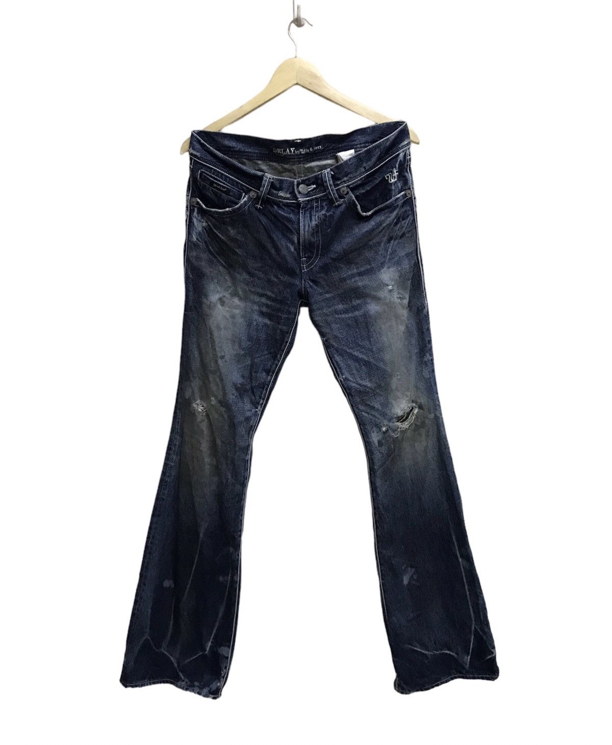image of Vintage Delay Ufin & Sons Distressed Denim Flare Jeans in Dark Blue, Men's (Size 32)