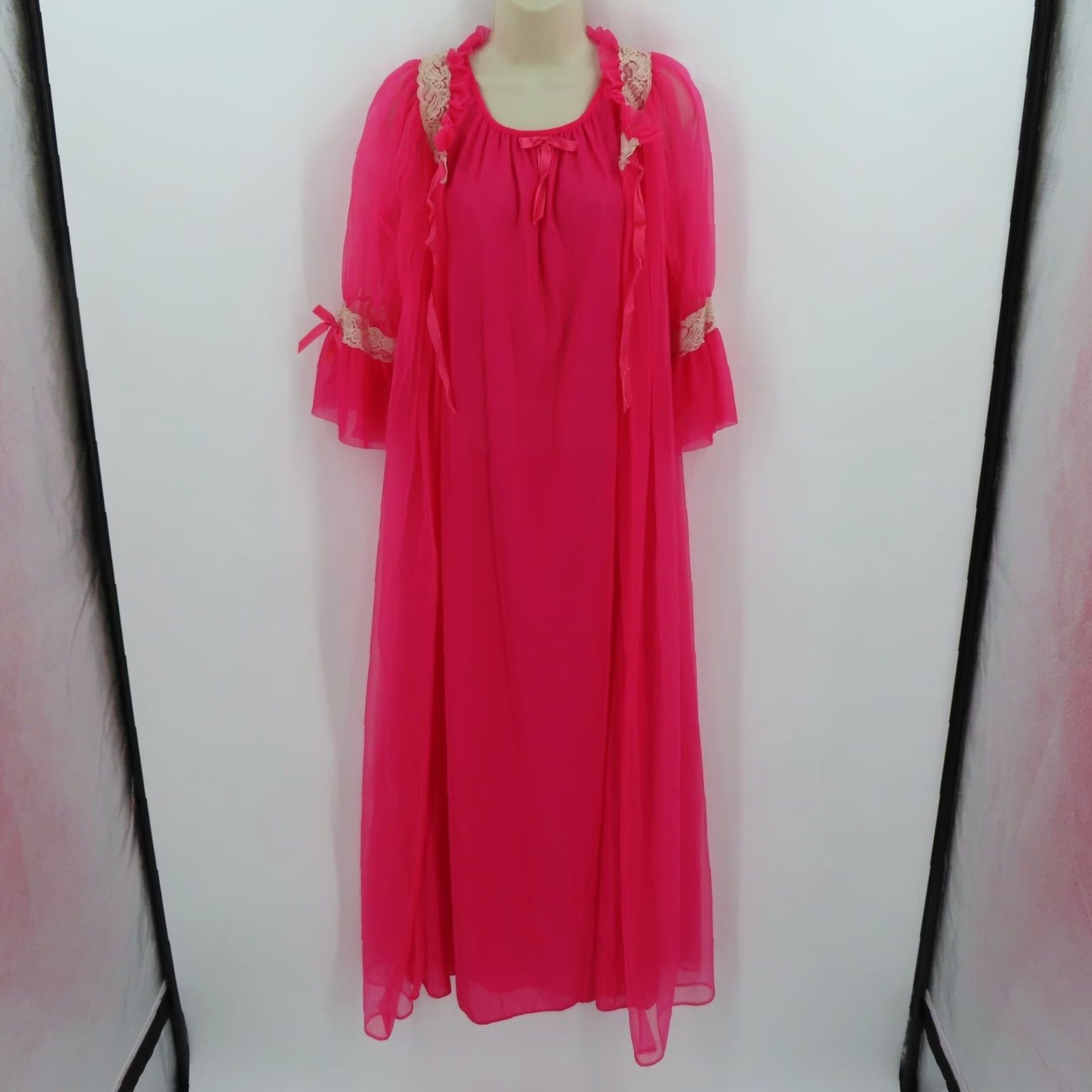 Vintage VINTAGE Union Made Women Medium Pink Sheer Nightgown Dress Robe Set Solid Pink Lace Shirt? Size M / US 6-8 / IT 42-44 - 5 Thumbnail