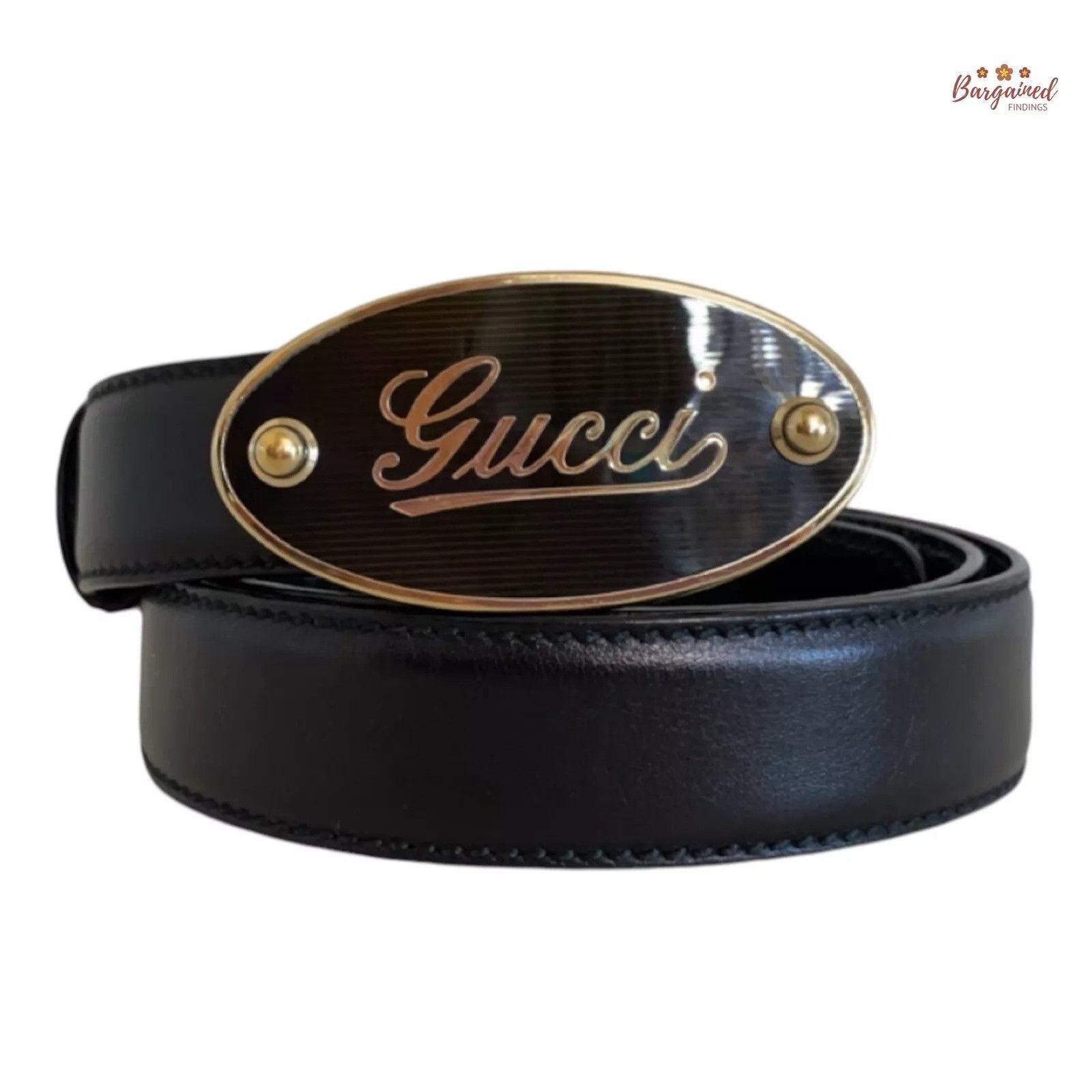 Gucci GUCCI Black Calfskin Leather Gold Script Oval Buckle Belt Size 32 - 1 Thumbnail
