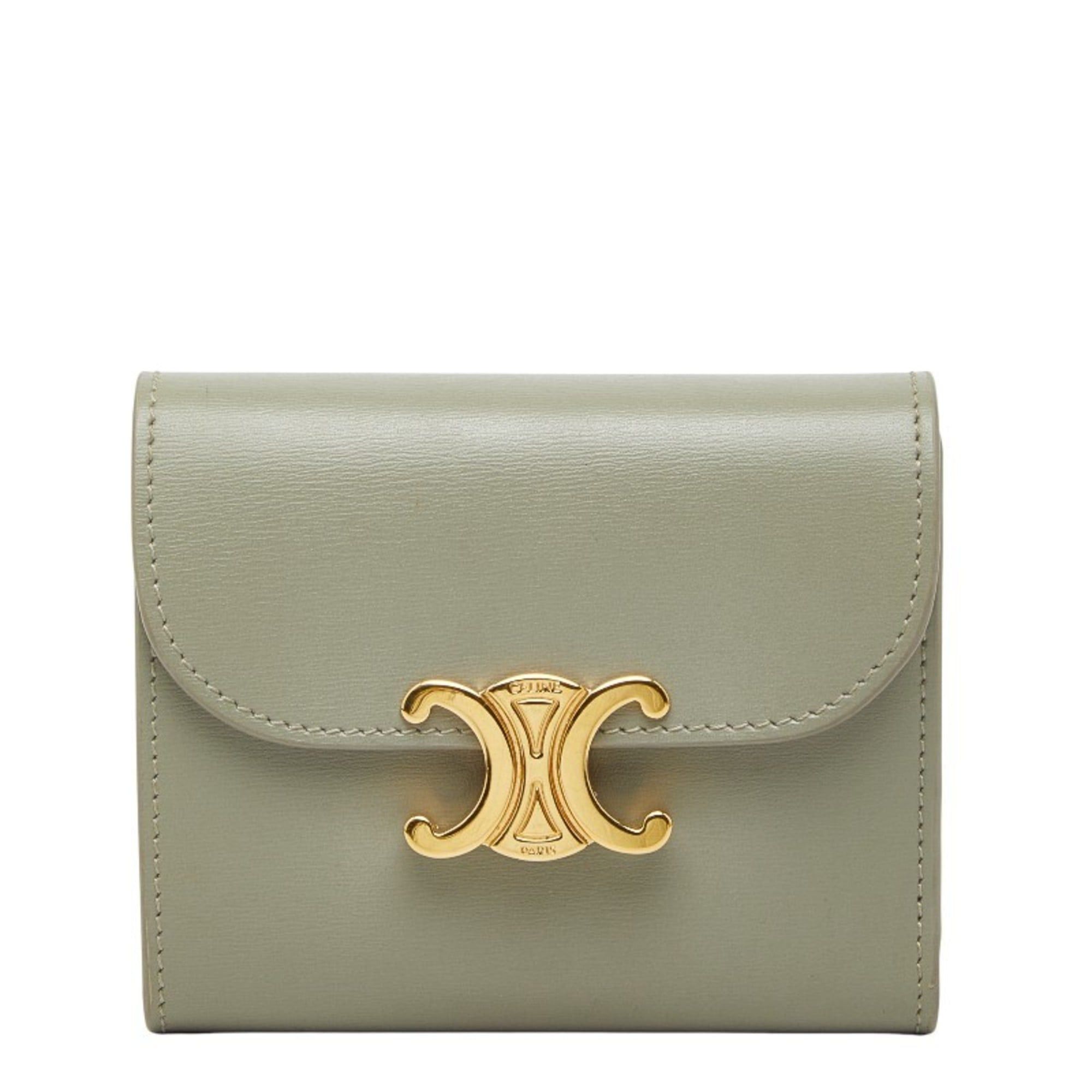 Celine Celine Triomphe Compact Wallet, Tri-fold Golden Khaki and Green Leather, Women's, CELINE Size ONE SIZE - 1 Thumbnail
