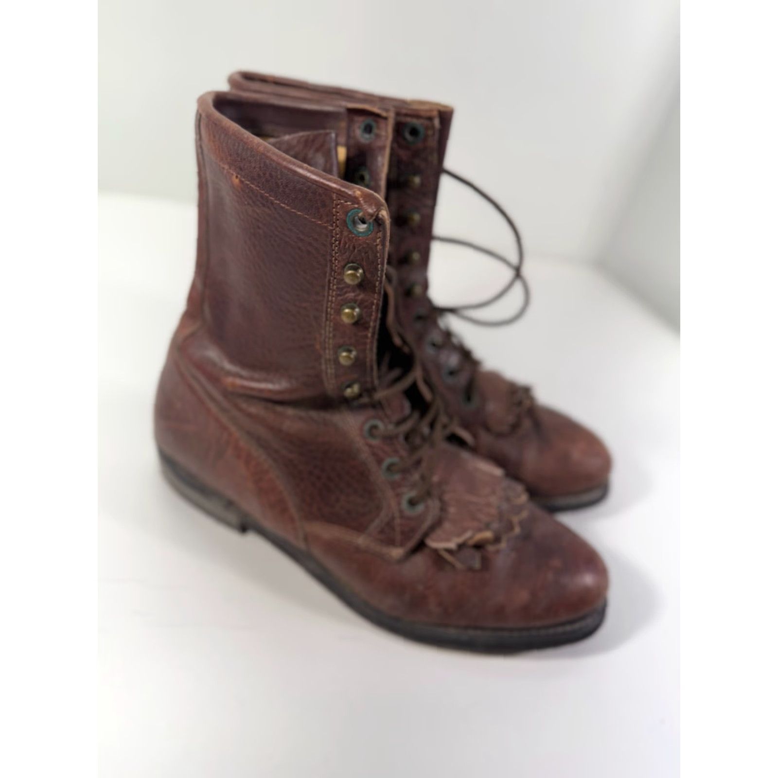 Vintage Boulet Western Boots Mens 9 Brown Leather Lace-Up Cowboy Almond Toe Mid-Calf Shaft Style Western Theme Cowboy, Workwear, Comfort, Casual Men Boots Size US 9 / EU 42 - 3 Thumbnail