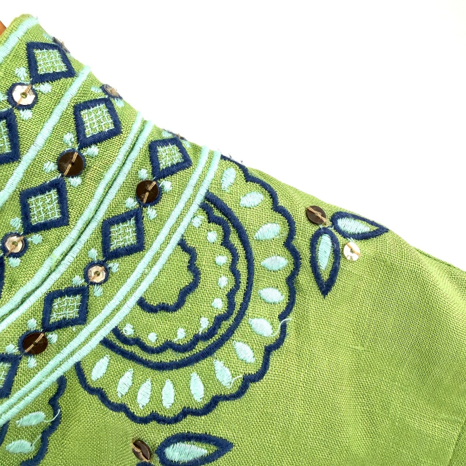 J.Crew Lime Green 100% Linen Embroidered Sequin Long Sleeve Tunic Size S / US 4 / IT 40 - 4 Thumbnail