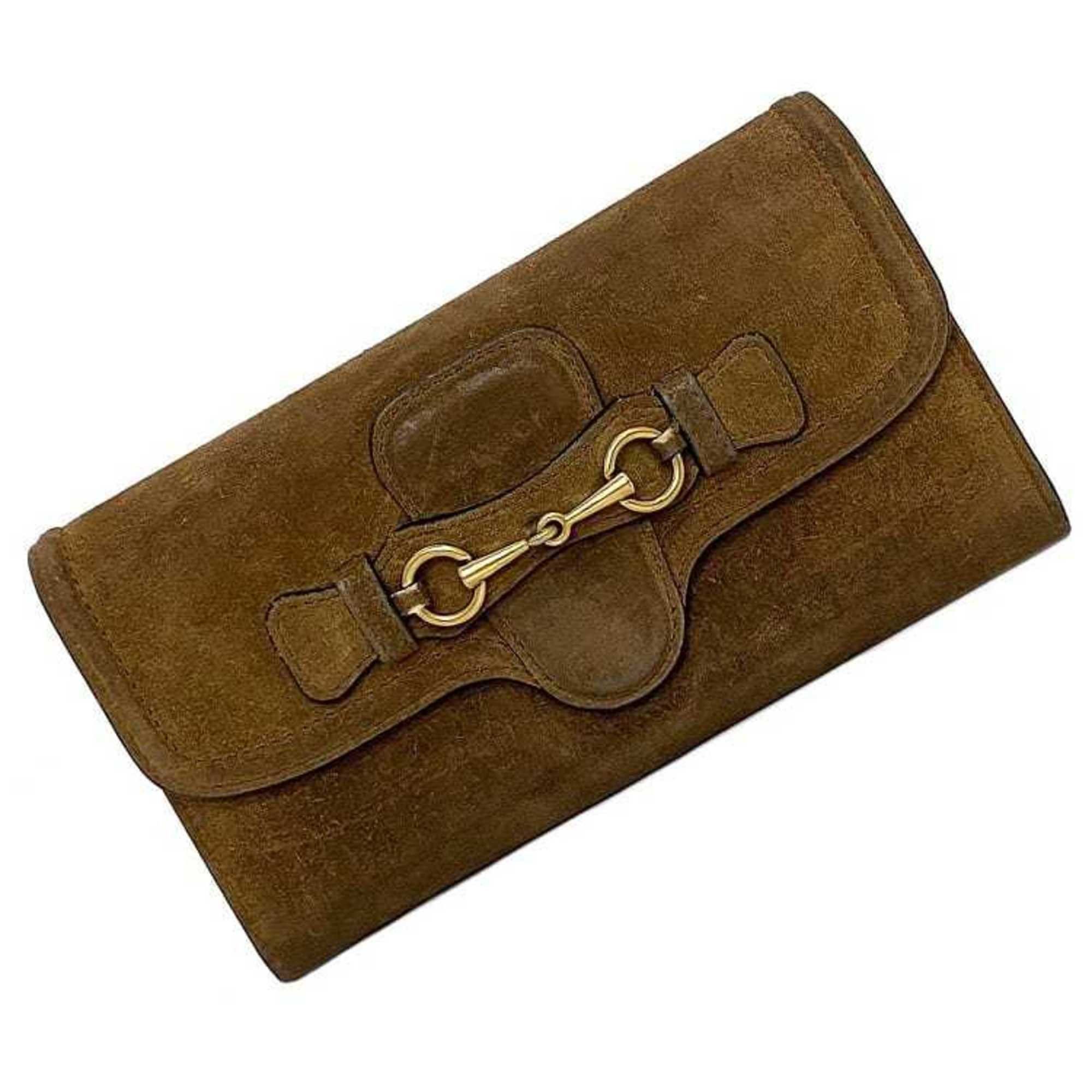 image of Gucci Bifold Long Wallet Brown Gold Horsebit 382274 Suede Leather Gp Gucci Flap Ladies, Women's