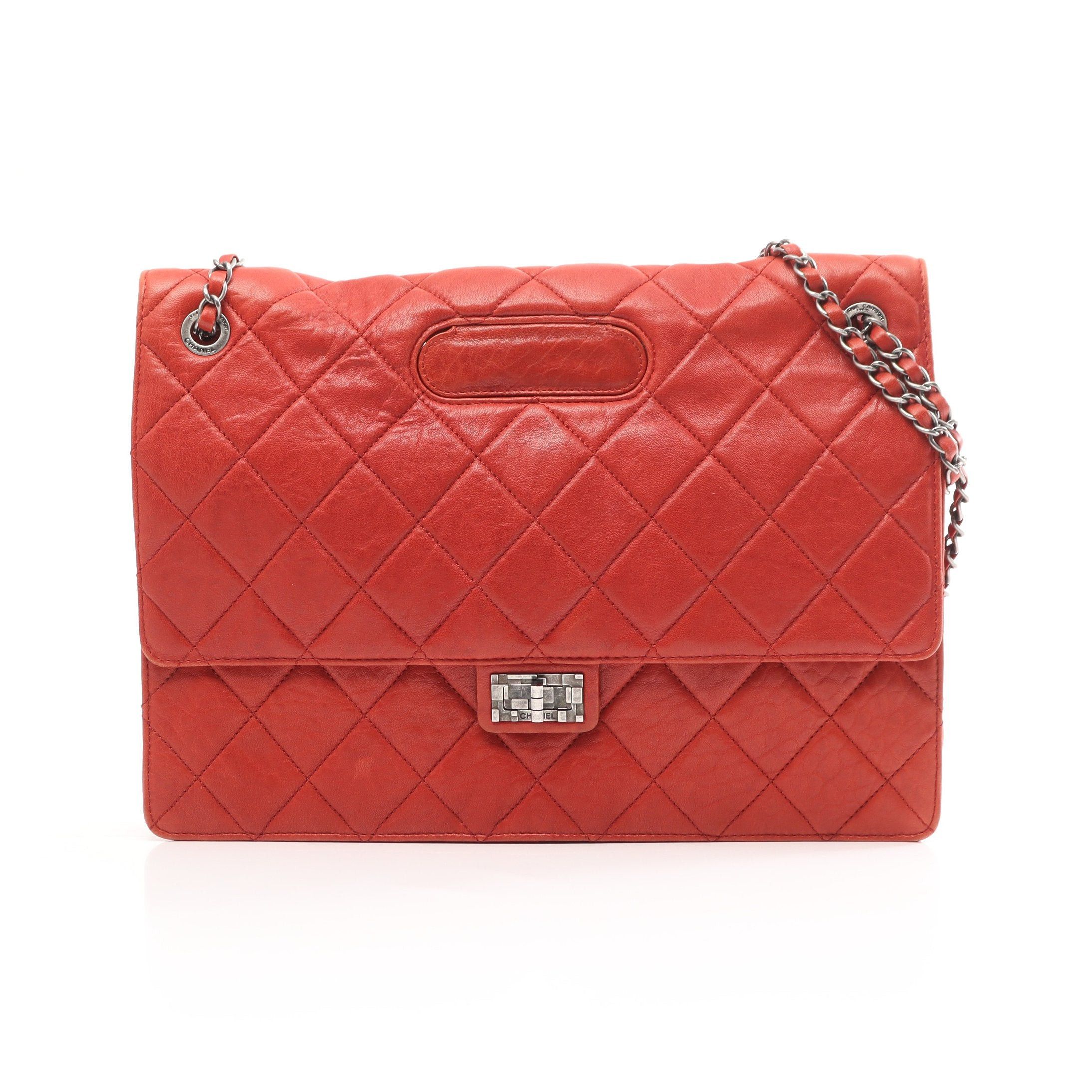 Chanel 2.55 Matelasse Double Chain Shoulder Bag Lambskin Red Silver Hardware