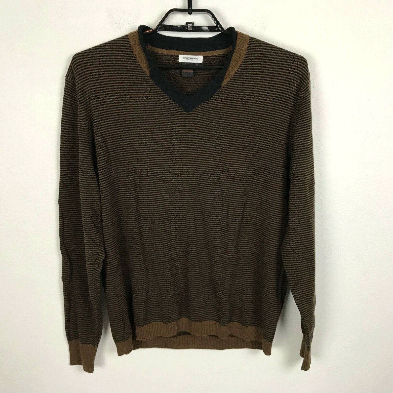 image of Vintage Clotherie Phoenix Mens Brown Black Striped V-Neck Cotton Sweater Size M in White