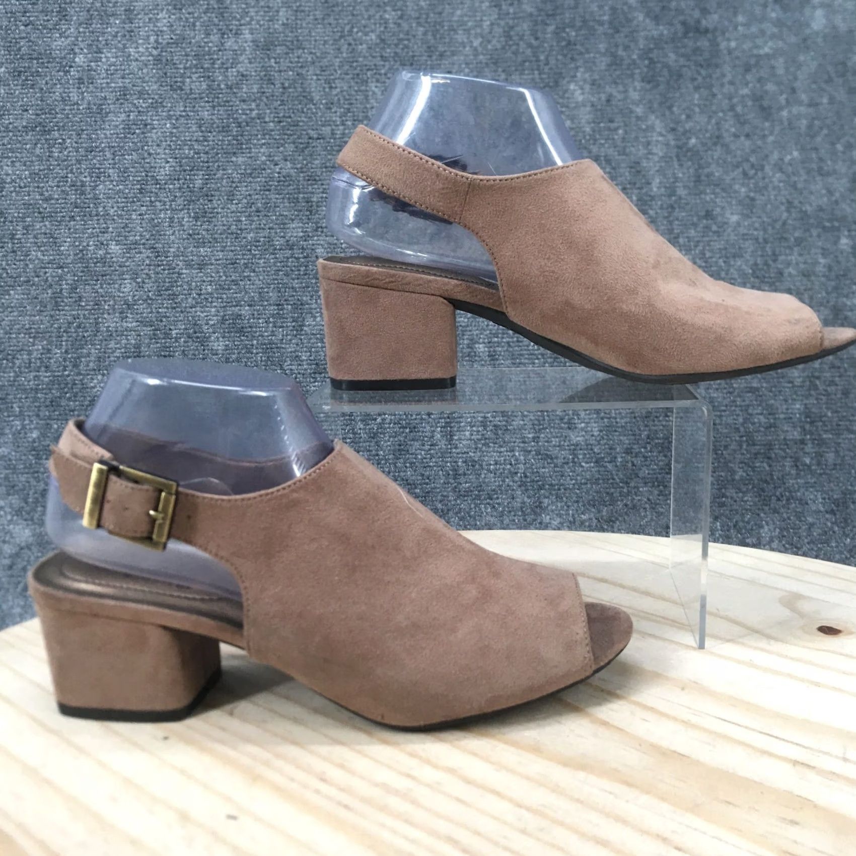 Vintage LifeStride Sandals Women Relay Slingback Brown Fabric Peep Toe Block Heels 8.5M Size US 9 / IT 39 - 2 Thumbnail