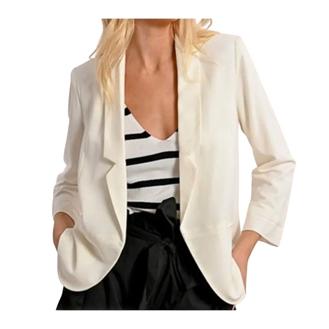 Molly Bracken White 3/4 Sleeve Faux Pocket Open Front Blazer