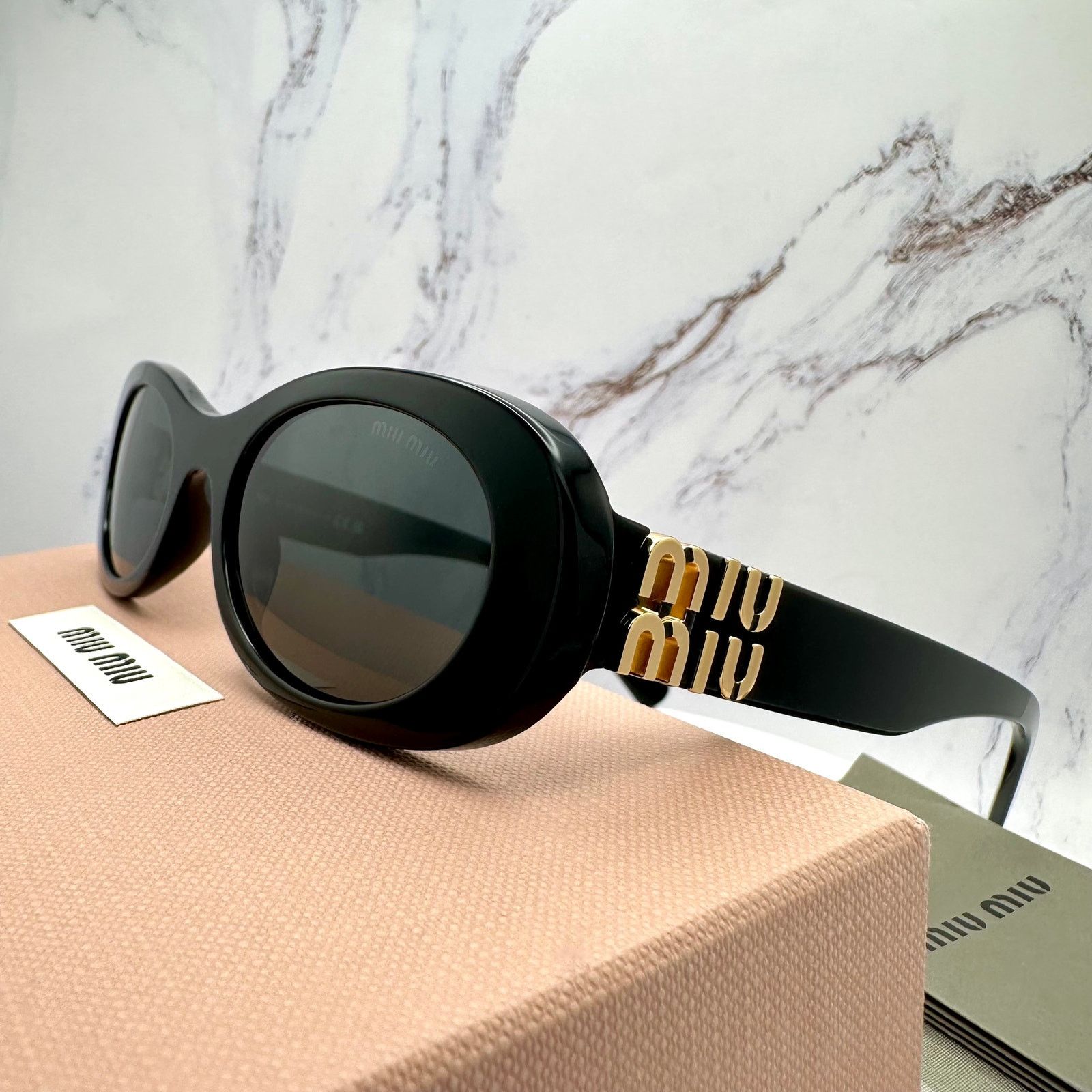 Miu Miu New MIU MIU Sunglasses Black Oval Gold Metal Logo Authentic Size ONE SIZE - 5 Thumbnail