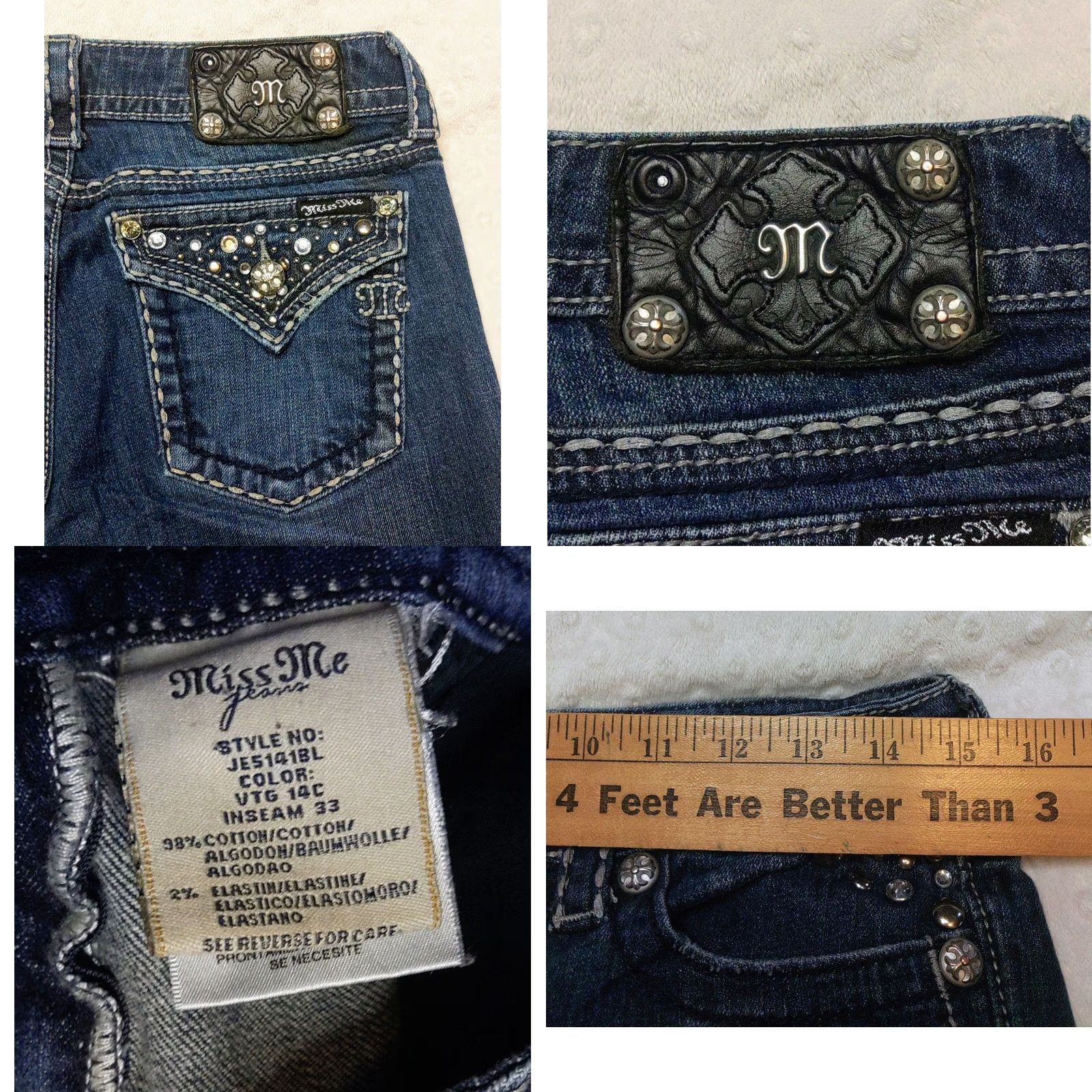 Miss Me Miss Me Jeans Bootcut 5-Pocket Denim Women 29 Medium Wash Blue Embroidered Pockets Stretch Relaxed Regular Size 30x31 Mens Womens Boys Girls Size 29" - 8 Thumbnail