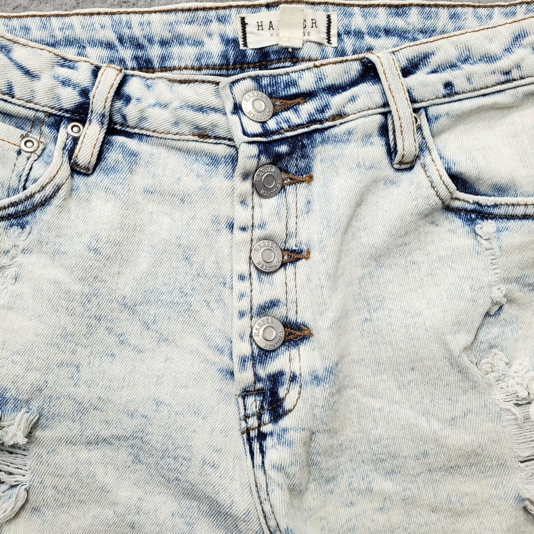 Vintage Harper Women Shorts 28 Blue Denim Stretch Raw Hem Distressed Button Fly - Vintage? No Size 28" / US 6 / IT 42 - 8 Thumbnail