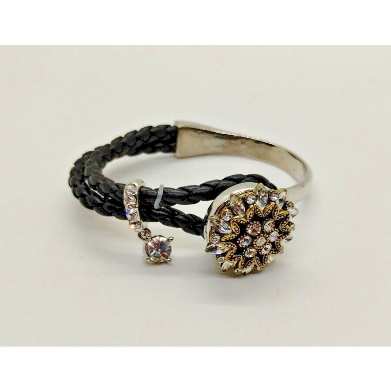 Vintage Silver Tone Glass Rhinestone Black Braided Bracelet 6.75" Size ONE SIZE - 1 Thumbnail