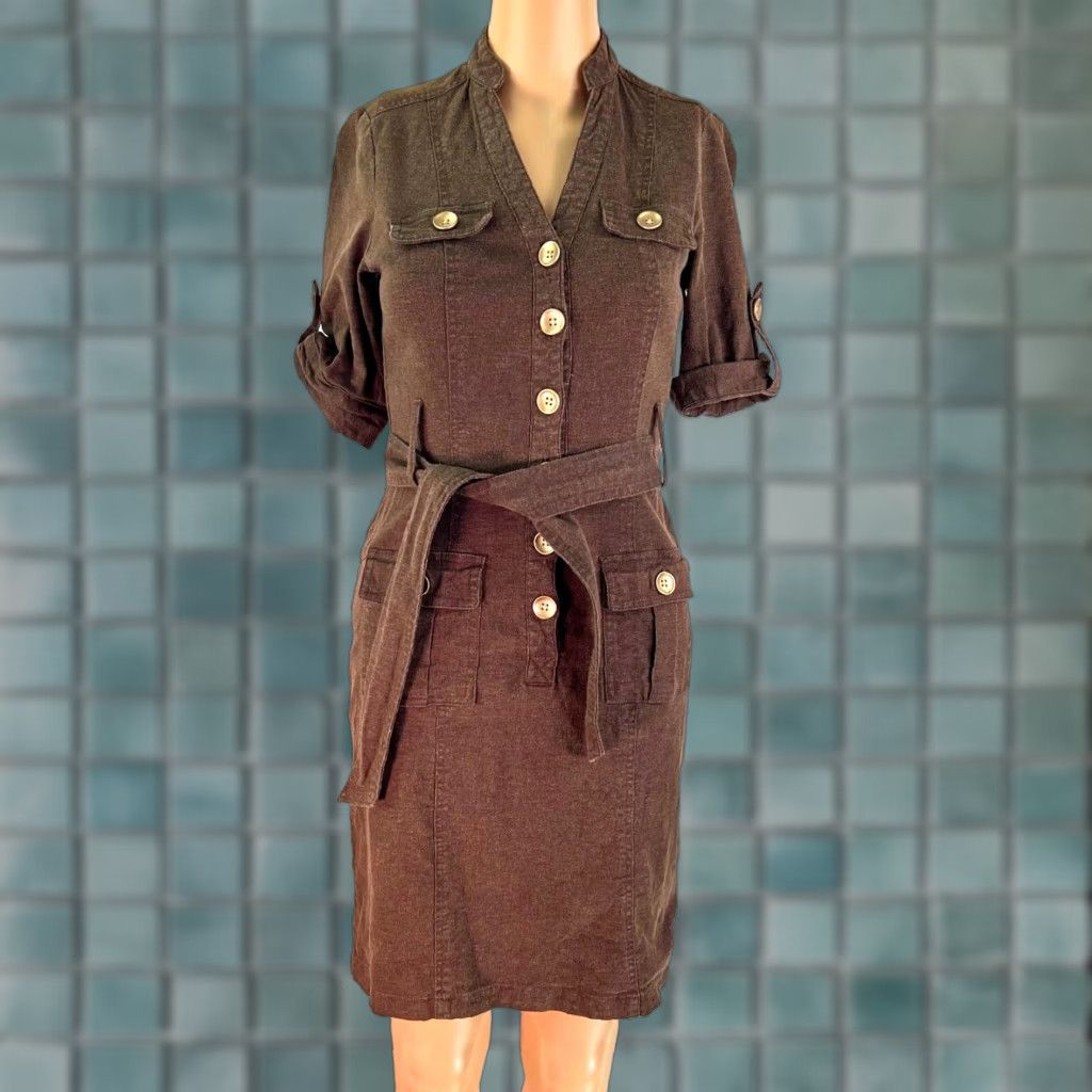 VTG New York & Co Utility Linen Midi Dress Shirt Dress XS Brown Belt Maxi?