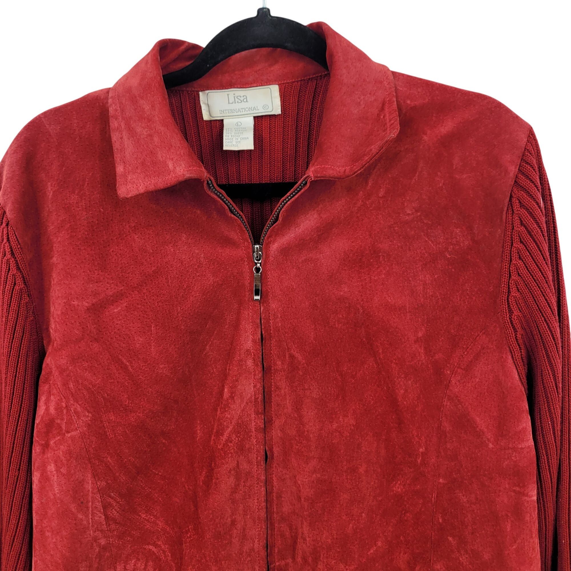 Vintage Vtg Red Ribbed Knit Long Sleeve Suede Sweater Jacket Shacket Size L / US 10 / IT 46 - 4 Thumbnail