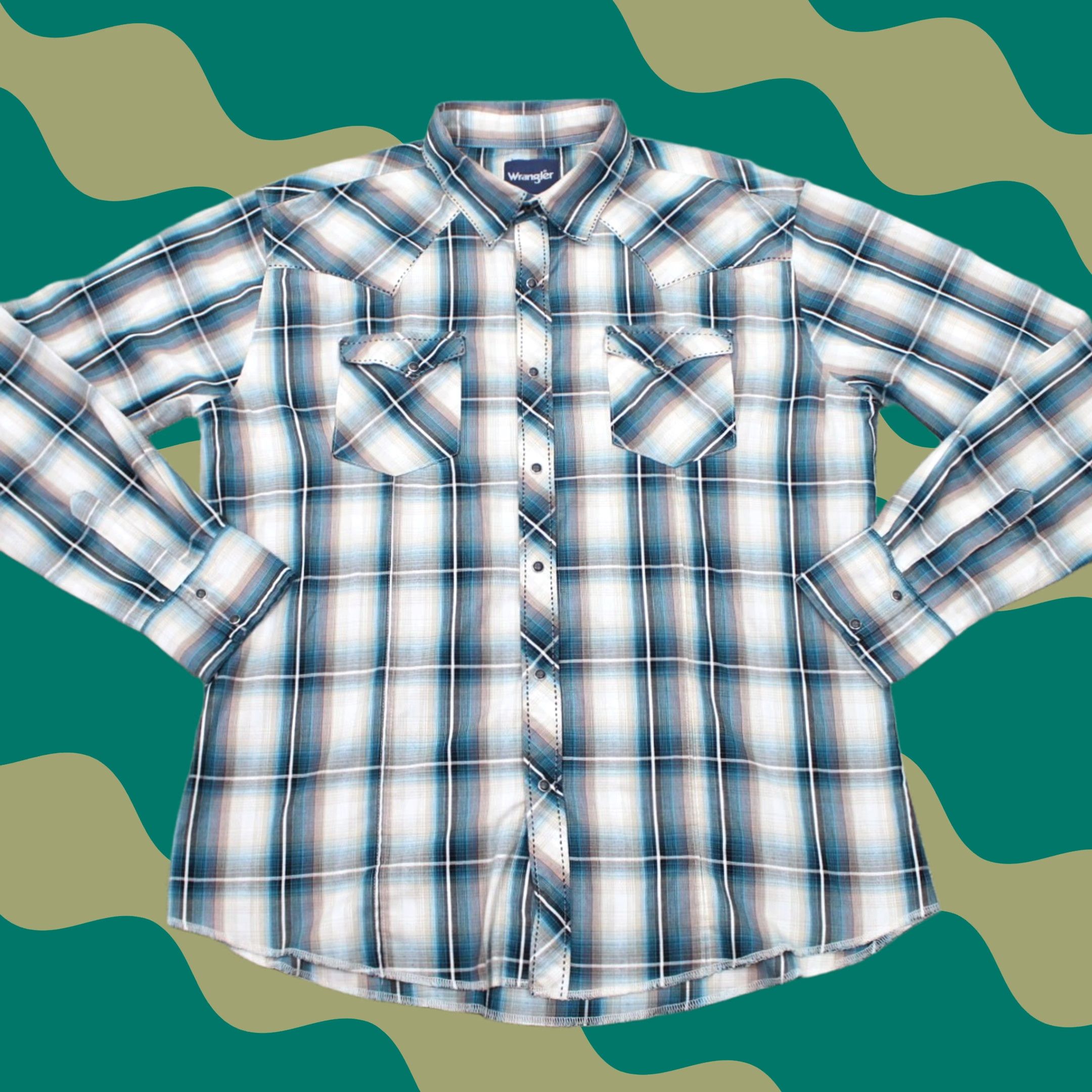Wrangler Wrangler Pearl Snap Shirt Mens XL Plaid Blue/Tan Long Sleeve Button-Up Western Cotton/Poly Shirt Size US XL / EU 56 / 4 - 1 Thumbnail