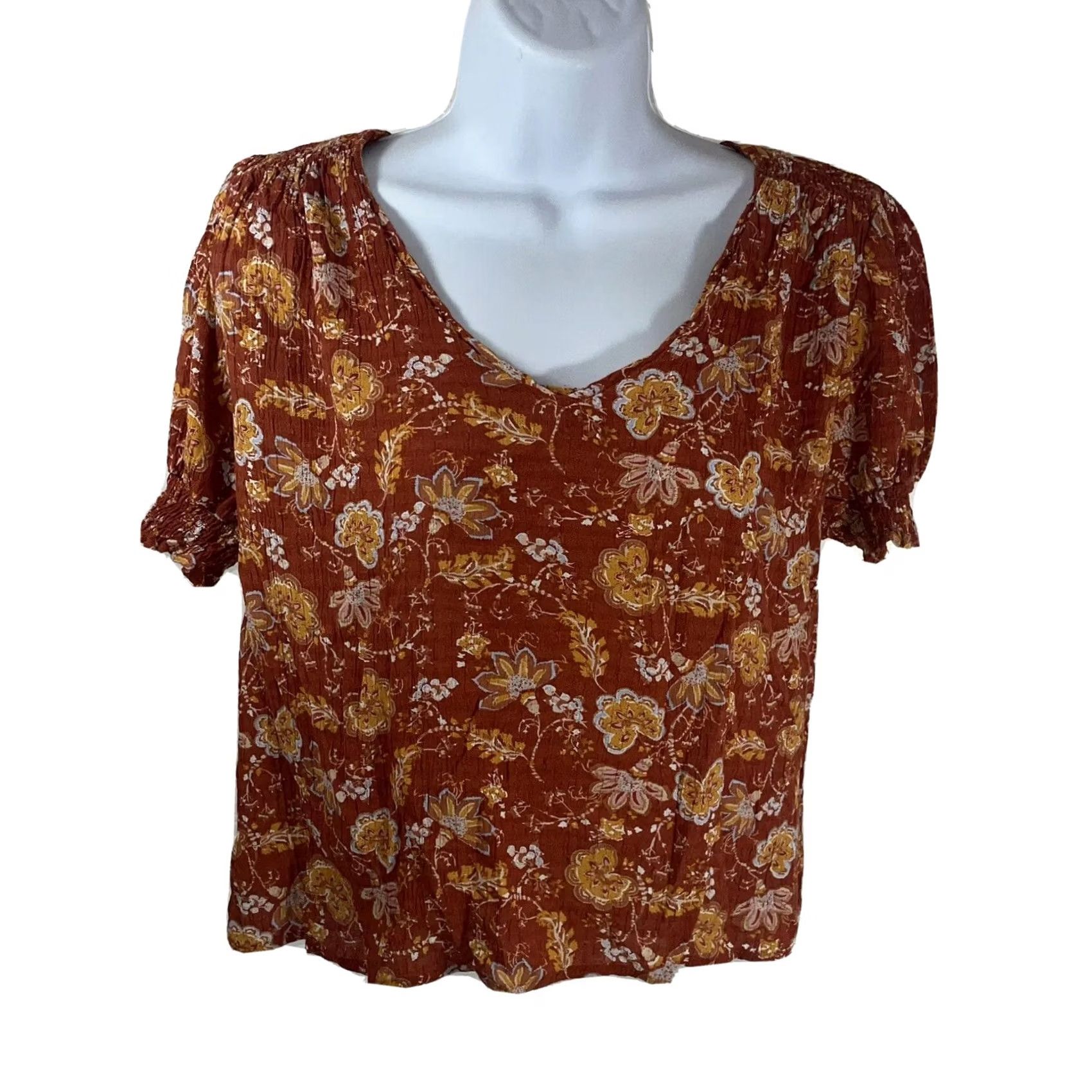 Rachel Zoe VINTAGE Rachel Zoe Women Blouse Top Shirt Floral Print Burnt Orange Medium Fold-Over Scoop Neck Lightweight Knit Pullover Casual Size M / US 6-8 / IT 42-44 - 2 Thumbnail