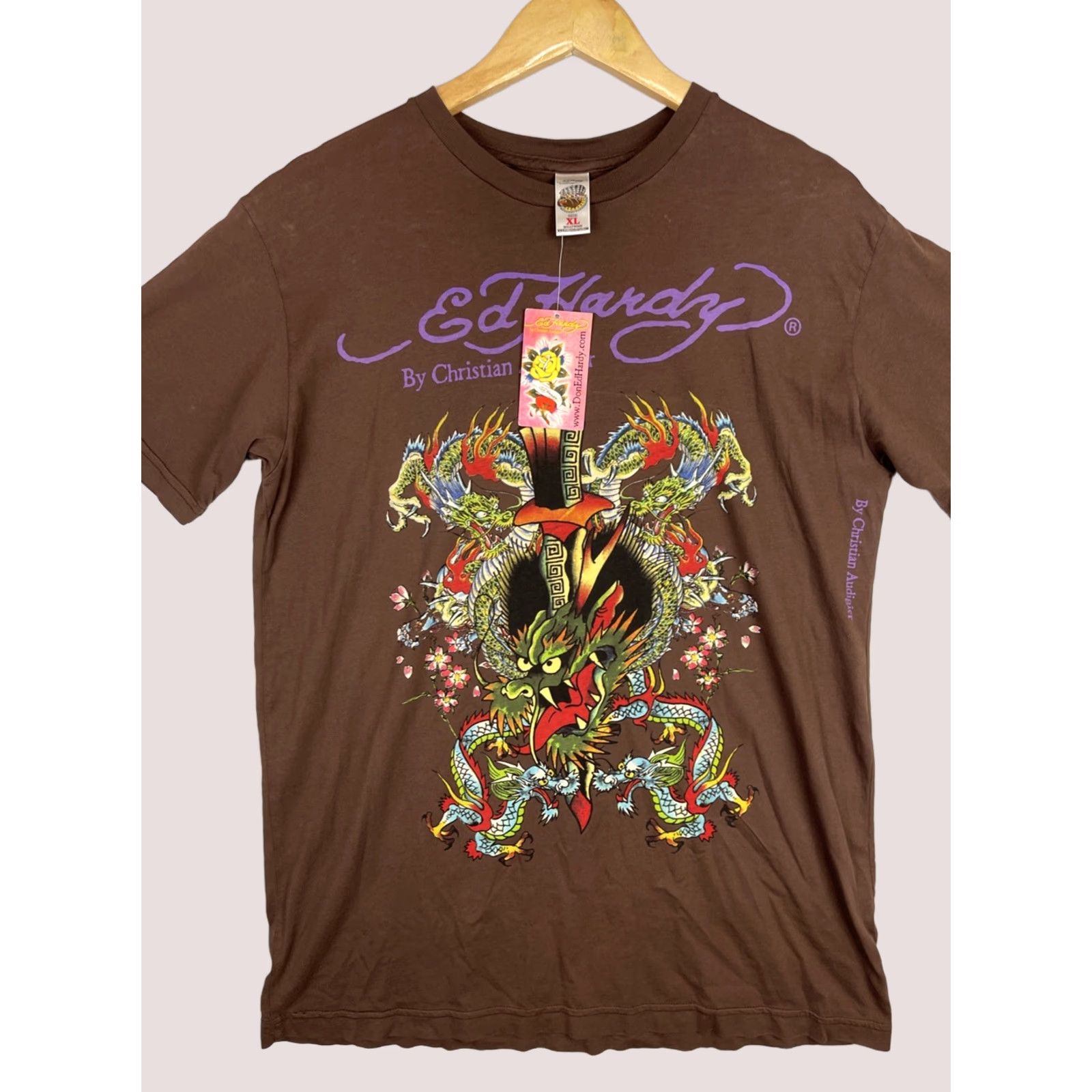 Ed Hardy VINTAGE Ed Hardy Shirt Mens XL Brown Dragon Tattoo Short Sleeve Made In USA Y2K Size US XL / EU 56 / 4 - 1 Thumbnail