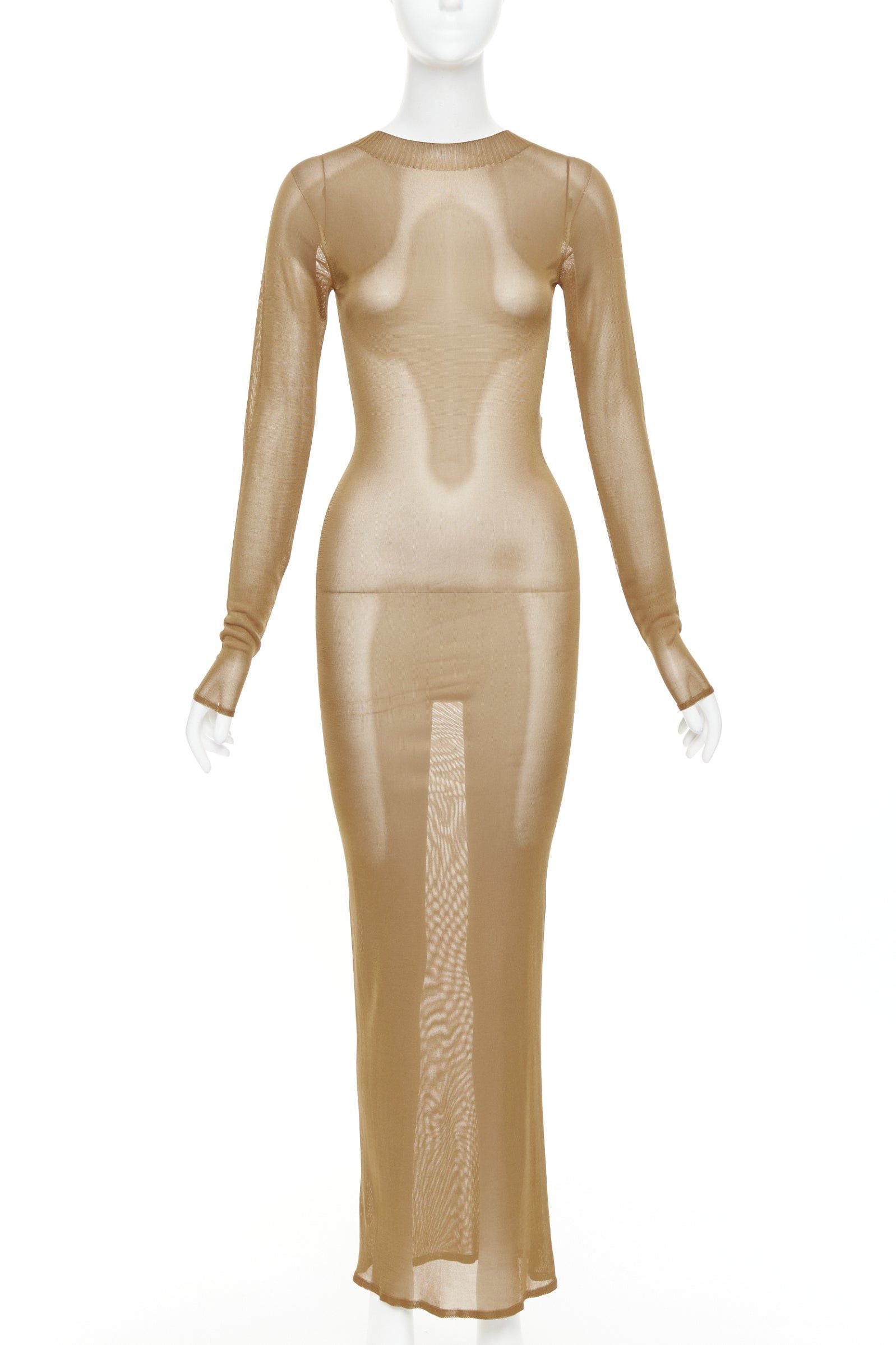 Saint Laurent Paris SAINT LAURENT 2023 Runway gold brown high neck fine knit sheer long sleeve maxi dress S Size M / US 6-8 / IT 42-44 - 1 Thumbnail