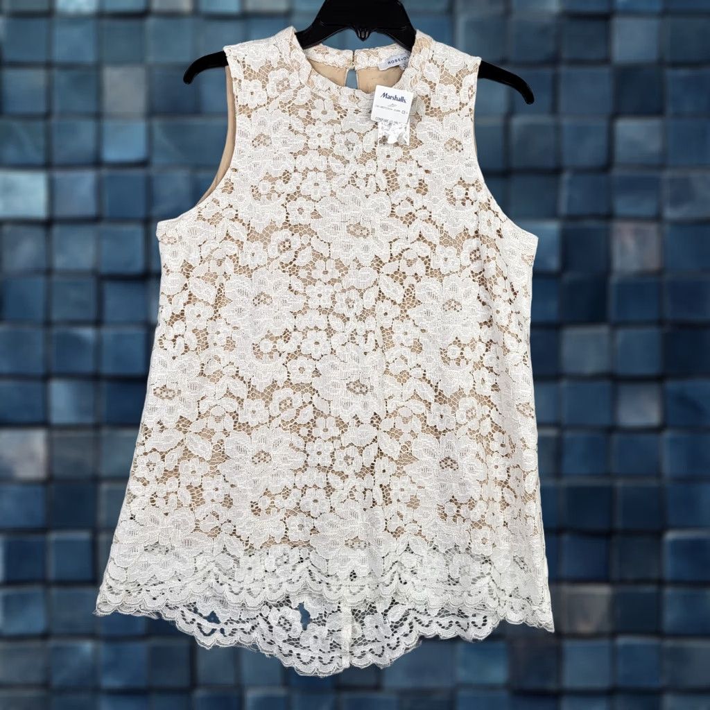 Vintage Rose + Olive Blouse Womens L Ivory Sleeveless Lined Crew Neck Knit Cotton Blend Plus Size Shirt Top Size L / US 10 / IT 46 - 1 Thumbnail