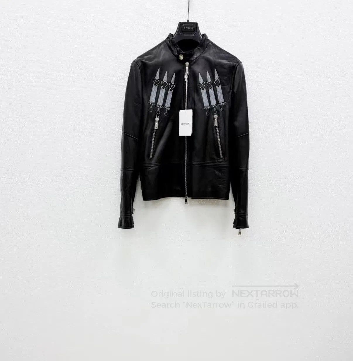 Valentino Black Leather Jacket with Embroidered Candle Designs. Size US M / EU 48-50 / 2 - 1 Thumbnail