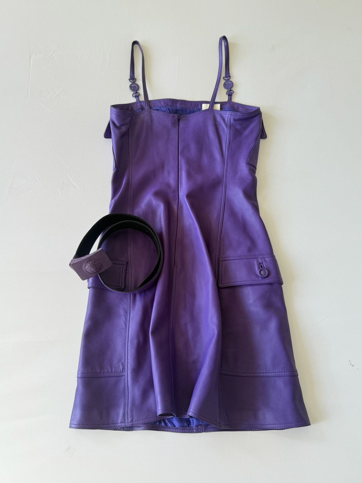 Versace Gianni Versace 1996 F/W Purple Leather Belted Shift Dress Size XS / US 0-2 / IT 36-38 - 2 Thumbnail