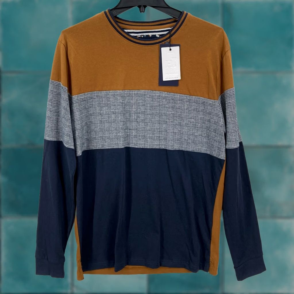 Denime Denim & Flower Ricky Singh Panelled Houndstooth T-Shirt Mens Color Block Medium Brown Cotton Knit Long Sleeve Crew Neck Casual Shirt Size US M / EU 48-50 / 2 - 1 Thumbnail
