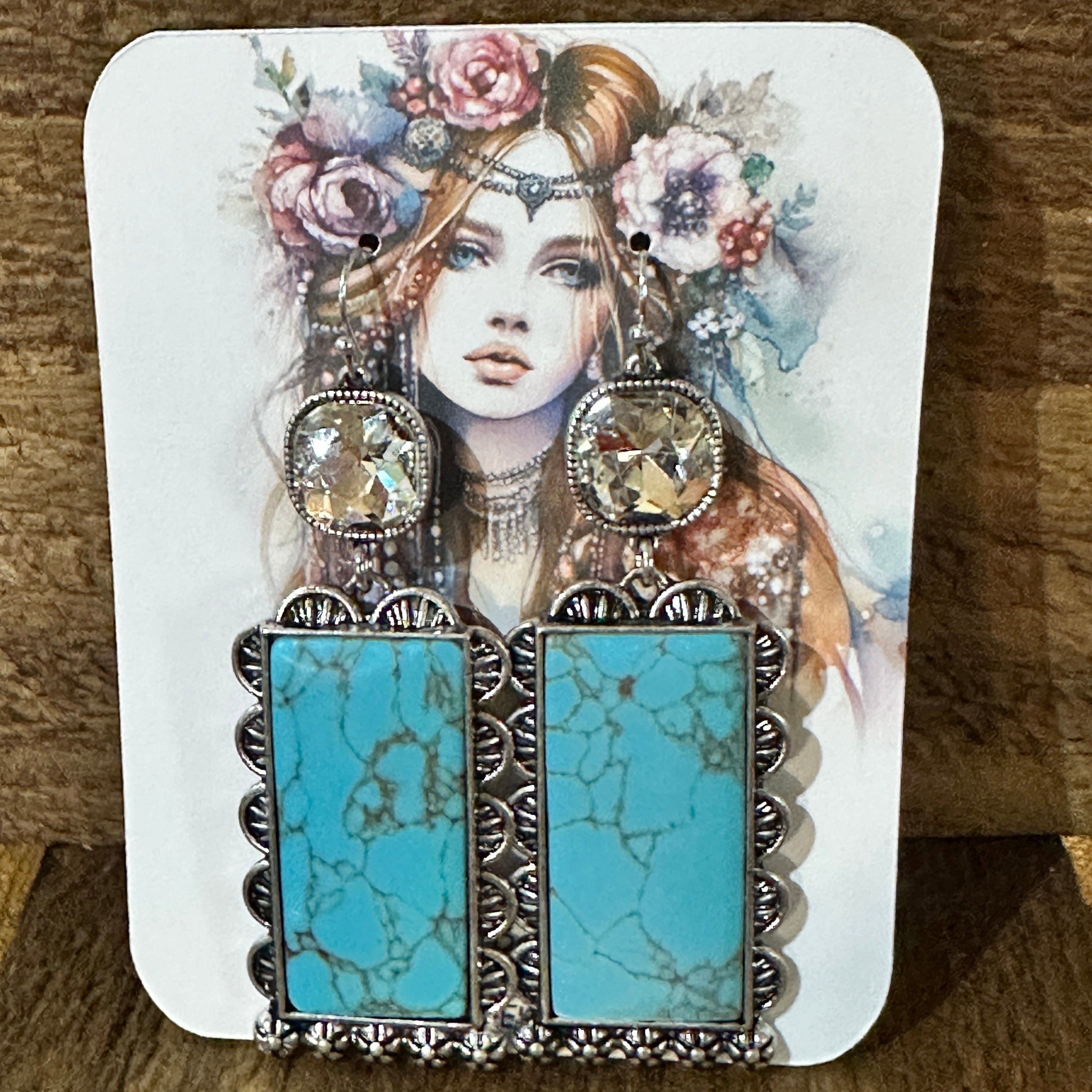 Other Boho Turquoise Elegance: Crystal-Studded Rectangle Earrings, Size ONE SIZE - 4 Thumbnail