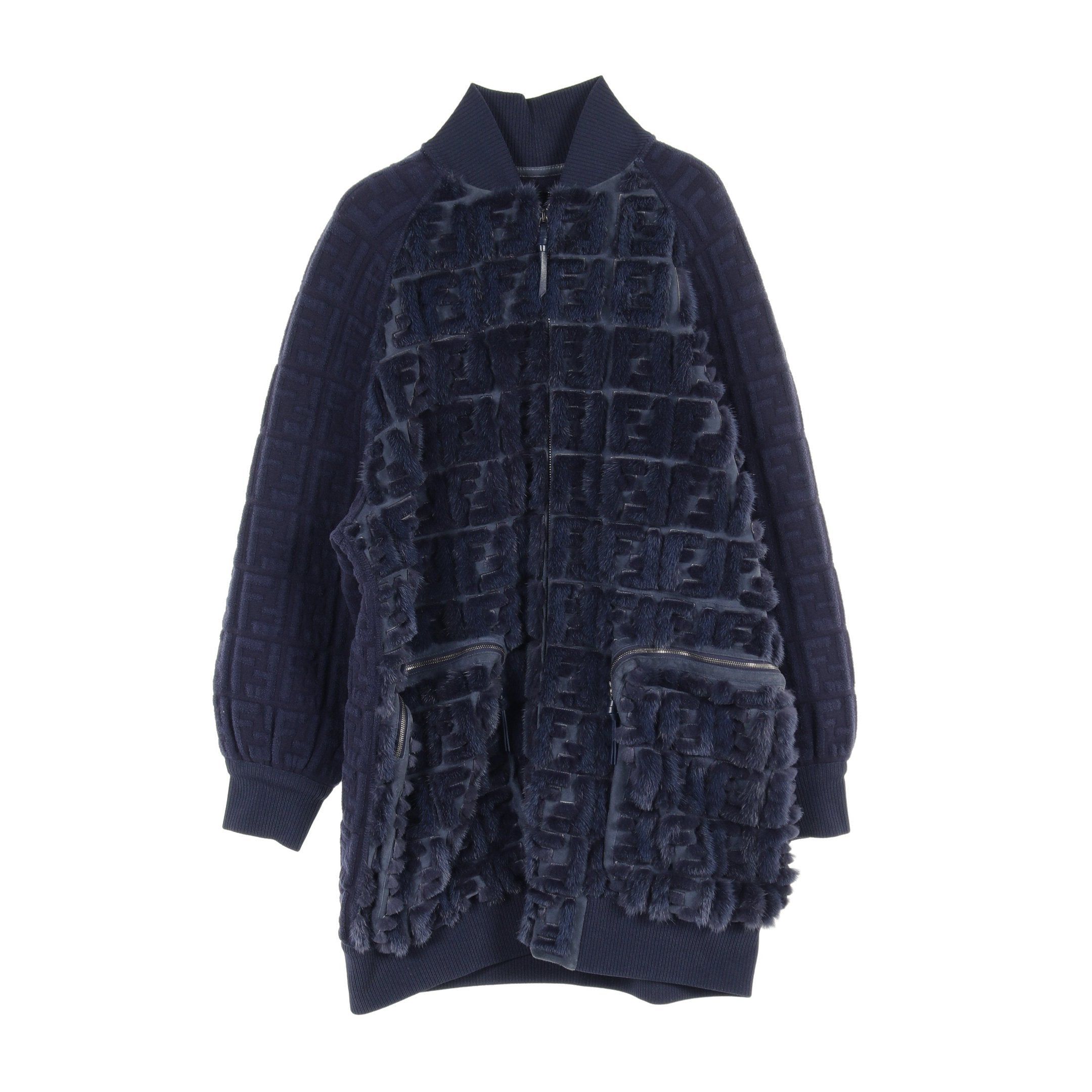 image of Fendi Ff Emboss Bomber Jacket Rayon Wool Mink Fur Blue Switching, Women's
