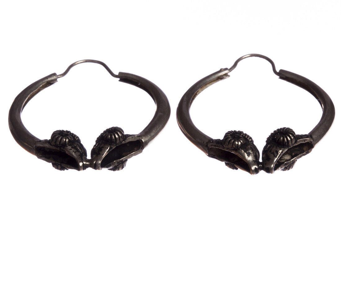 Designer Silver Double Headed Ram Hoop Earrings with Antique Finish Size ONE SIZE - 5 Thumbnail